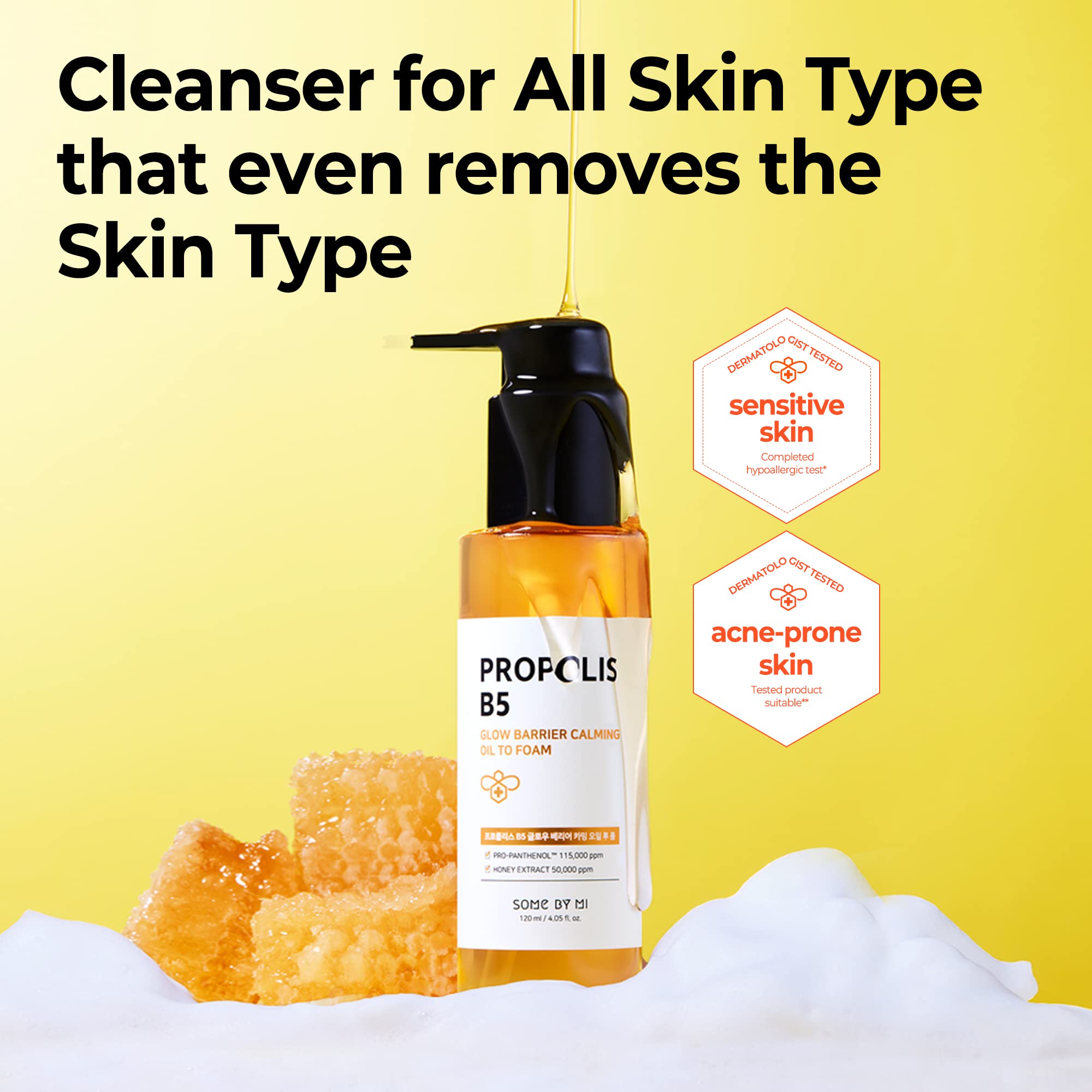 SOME BY MI Propolis B5 Glow Barrier Calming Oil To Foam - 4.05Oz, 120ml - Daily Face Korean Cleansing Oil and Foam Made from Pan