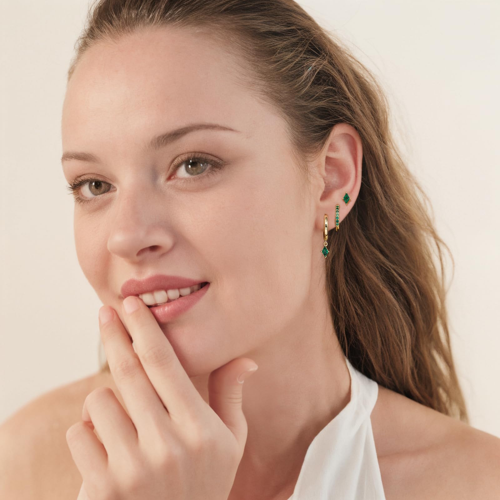 Angelady Gold Hoop Earrings Set for Women, Dainty 14K Gold Plated Green Huggies Earring, Hypoallergenic Dangle Cartilage Huggie