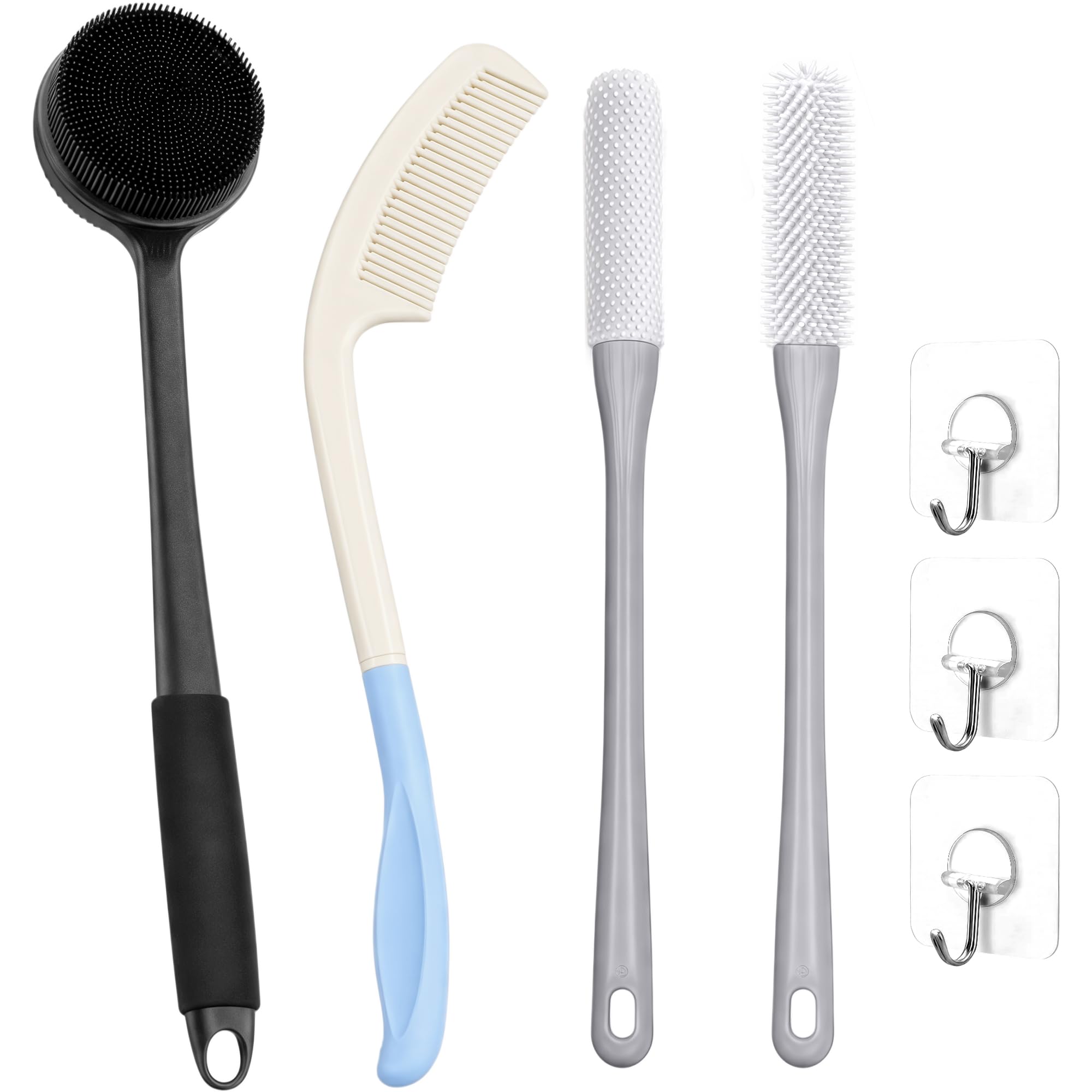 Ctrlopt Long Handle Back Scrubber for Shower, DoubleSided Silicone Brush with 2 Long Handle Toe Cleaning Brushes & Curved Hair 