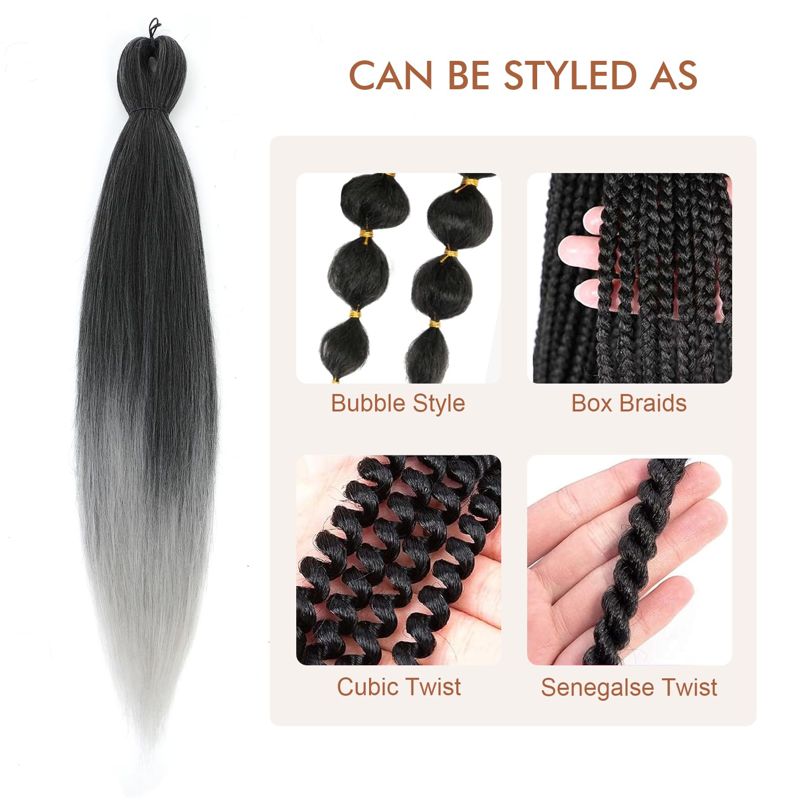 Difunee Pre-Stretched Braiding Hair - 30 Inch 8 Packs Ombre Gray Super Long Braiding Hair For Twist Or Box Braids, Yaki Texture