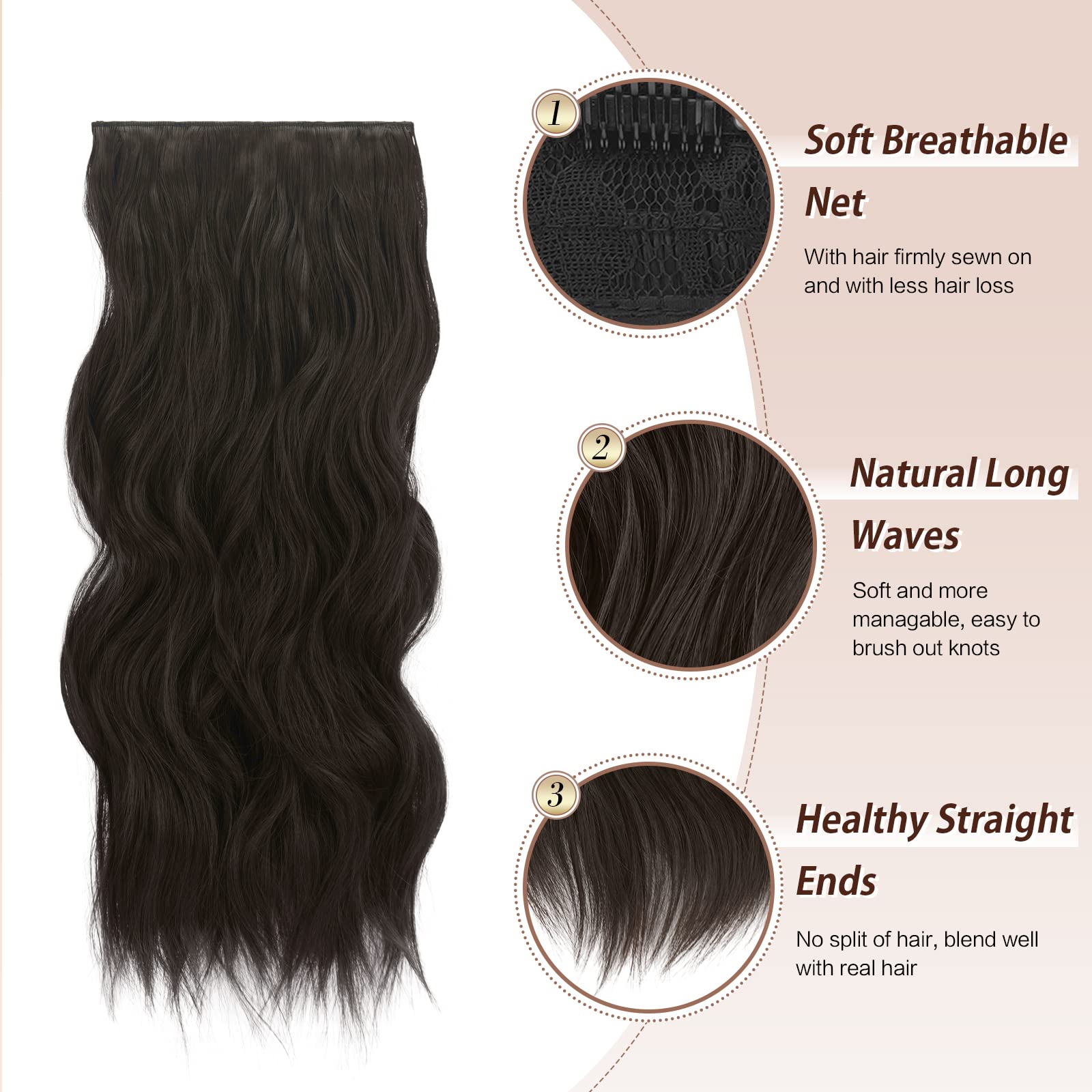 FESHFEN Clip in Hair Extensions - 4 PCS Long Wavy Thick Clip in Hairpieces Full Head Synthetic Hair Extension for Women, 20 Inch