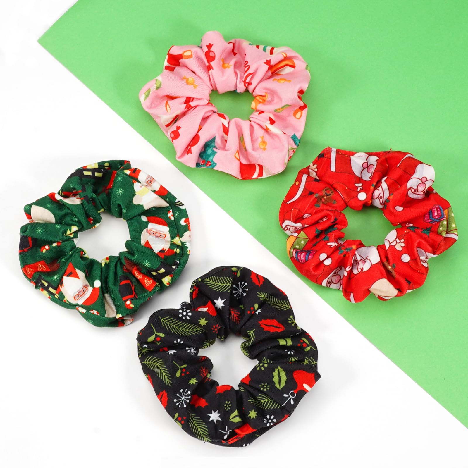 Christmas Hair Scrunchies for Women Girls Green Pink Santa Claus Snowman Bell Snowflake Hair Ties Xmas Cute Elastic Scrunchy Pon