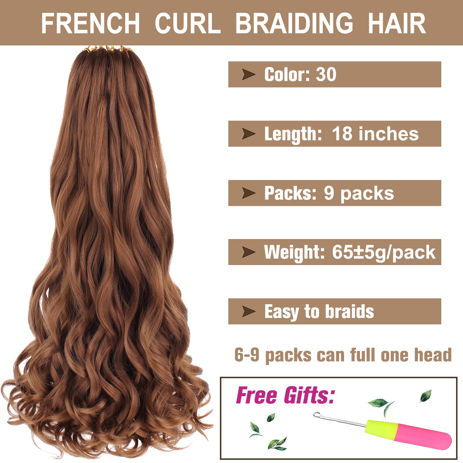 COOKOO Honey Brown 18 Inch French Curl Crochet Braids 9 Packs Soft Bouncy Braids Hair 65g/pack Loose Wavy Texture Pre-stretched
