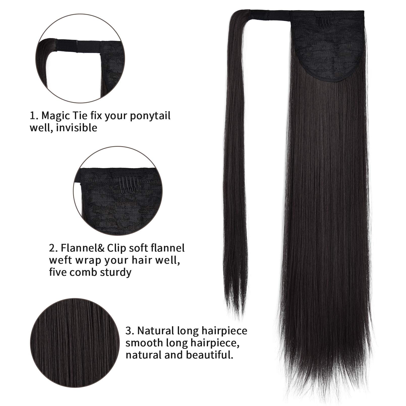 Seikea Ponytail Extension Clip In Wrap Around Long Straight Pony Tail Hair Synthetic Hairpiece For Women 26 Inch Black Brown
