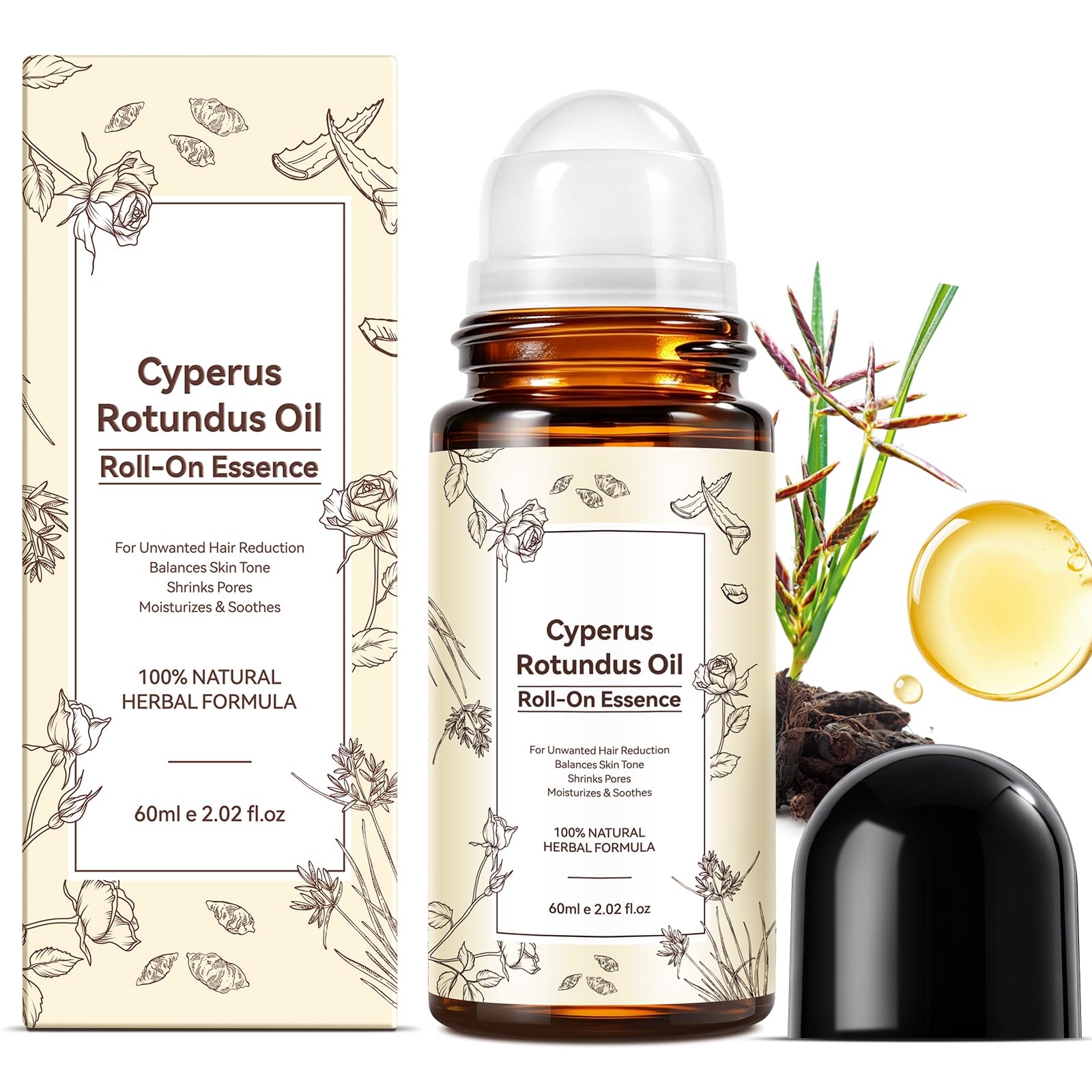 Cyperus Rotundus Oil RollOn Essence, Natural Inhibitor to Reduces Unwanted Body Hair Growth, Soothes Skin, Minimizes Pores & Sh