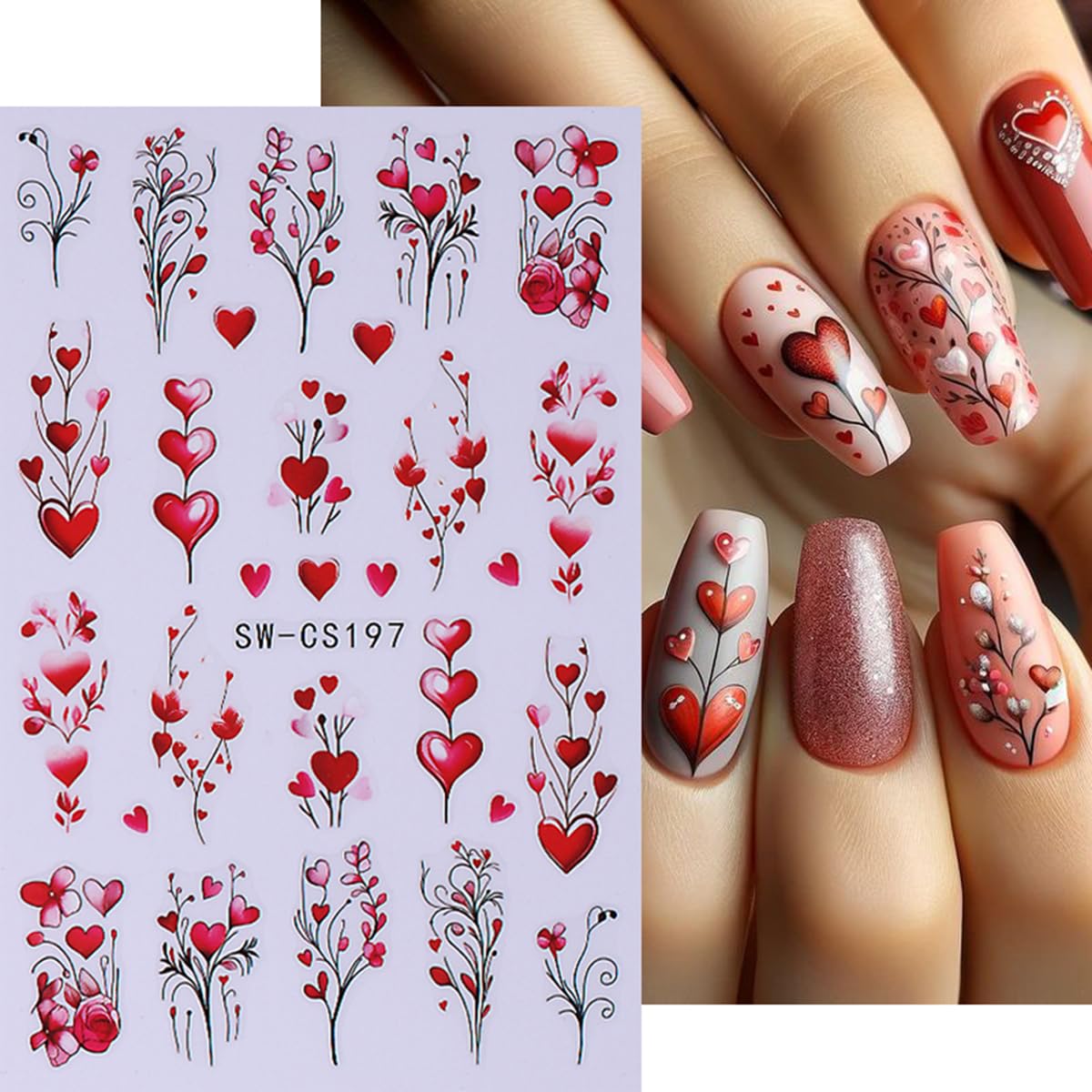 Valentine'S Day Nail Art Sticker Decals Red Love Heart Rose Nail Stickers 6Pcs 3D Self-Adhesive Love Heart Tree Rose Valentines