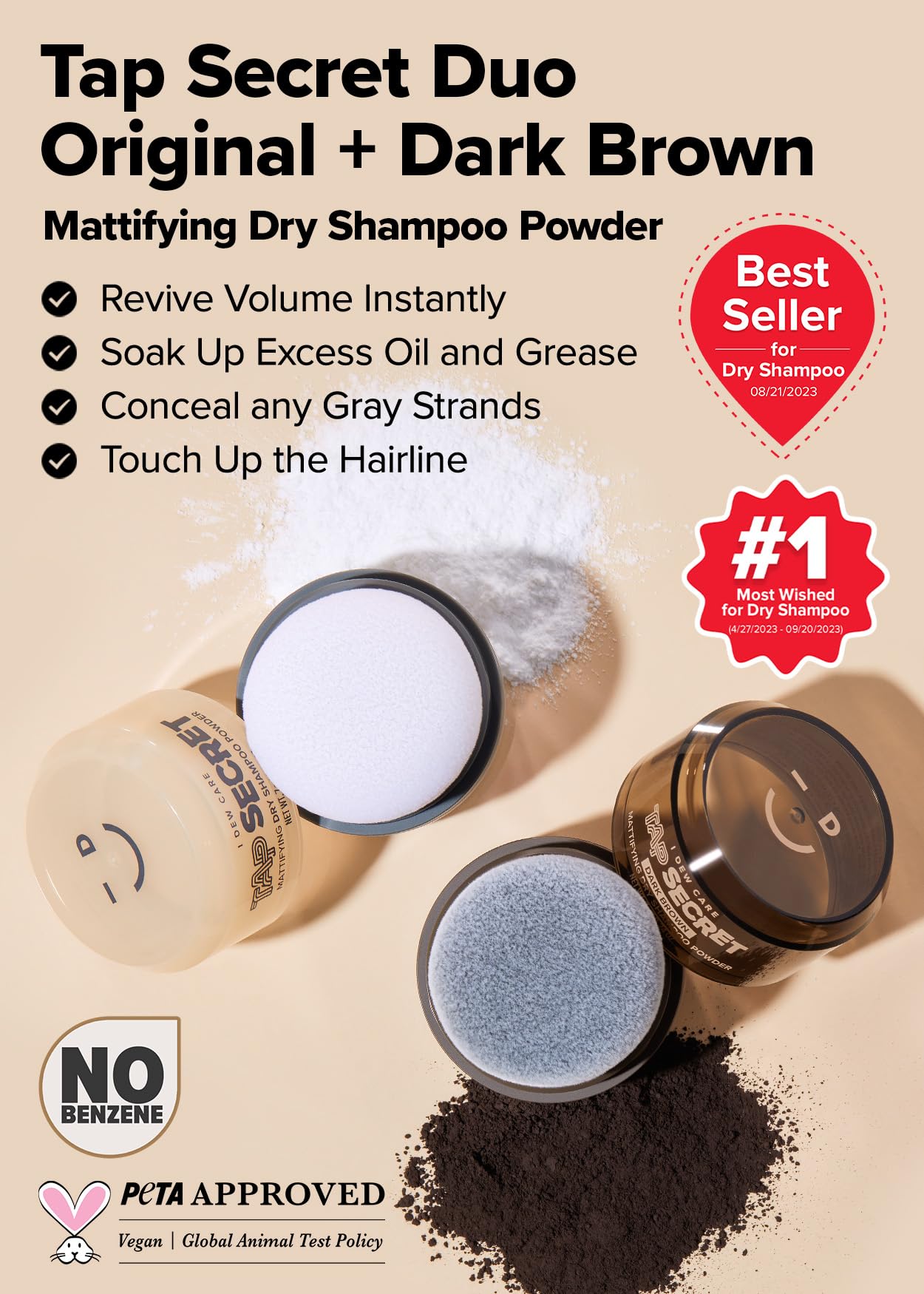 I Dew Care Dry Shampoo Powder - Tap Secret Original & Dark Brown Duo | With Betaine, Black Ginseng, Non-Aerosol, Benzene-Free, M