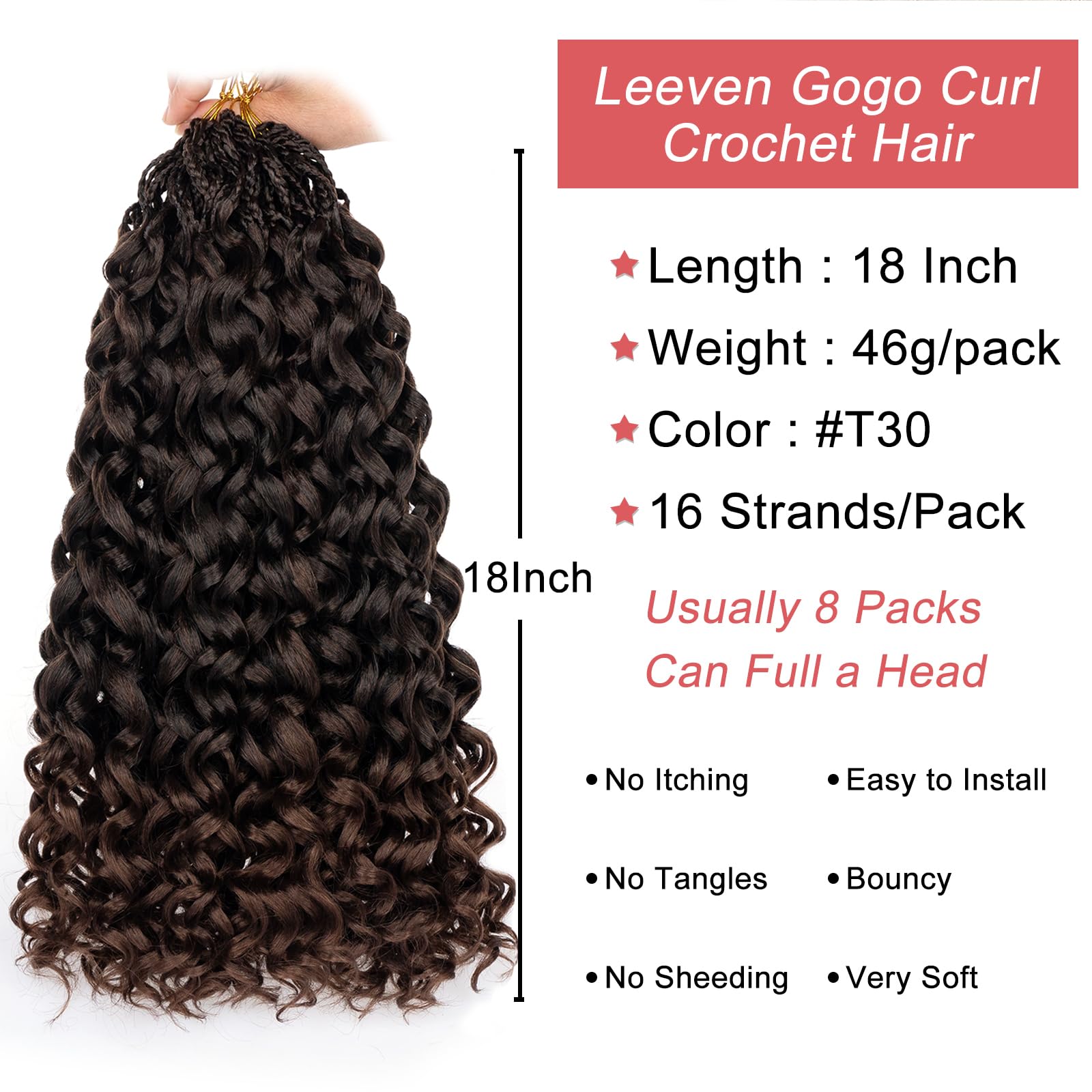 Leeven 18 Inch 8 Packs Gogo Curl Crochet Hair Ombre Brown Pre Looped Ocean Wave Crochet Hair Deep Twist Curly Goddess Box Braids