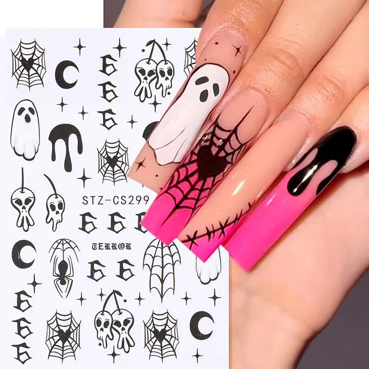 3D Halloween Nail Stickers For Nail Art, 6Pcs Spider Web Ghost Pumpkin Halloween Design Nail Decals Blood Spider Skull Nail Adhe