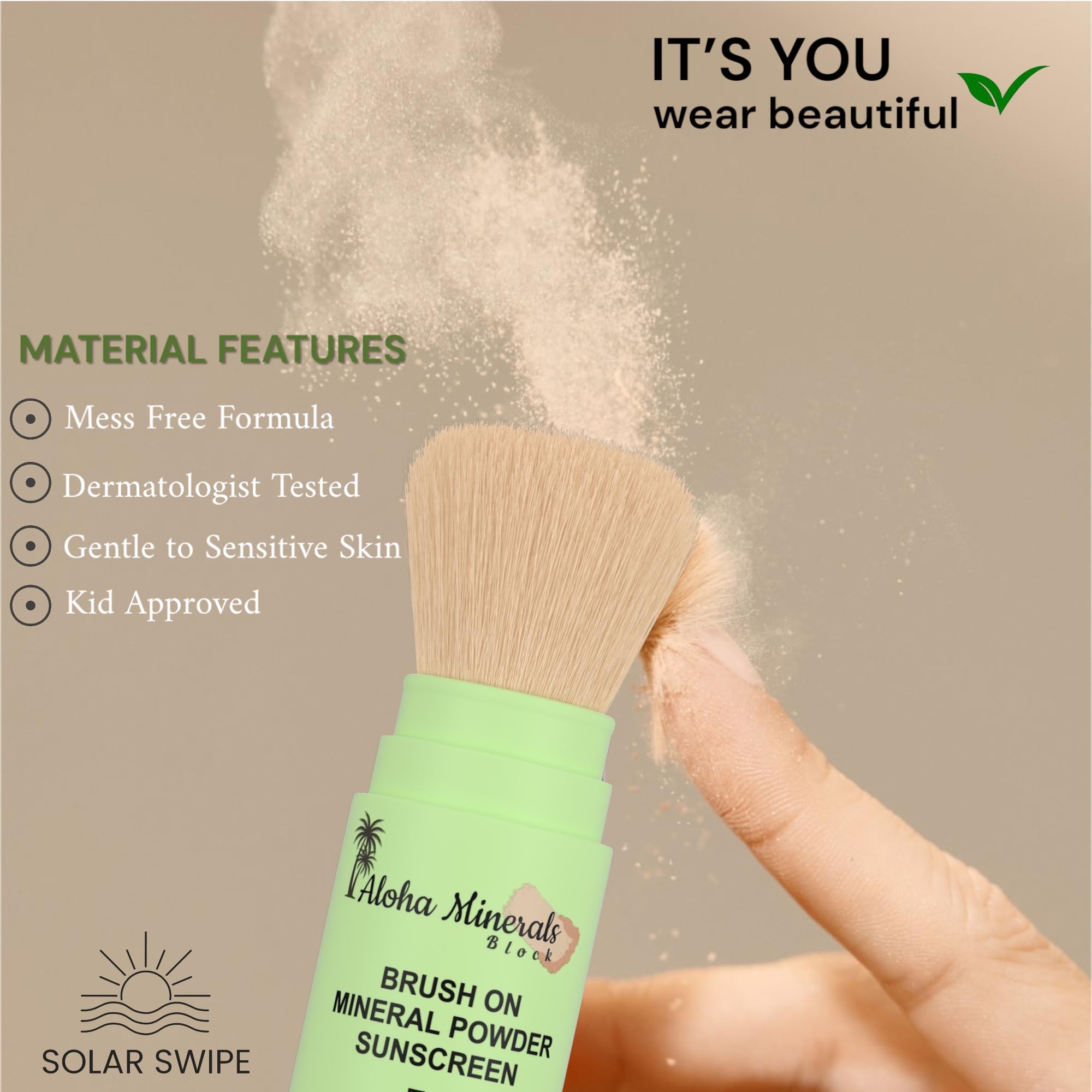 Solar Swipe, Aloha Minerals Block Brush-On Mineral Powder Sunscreen For Face, SPF 50, Water Resistant, Broad Spectrum, Natural M