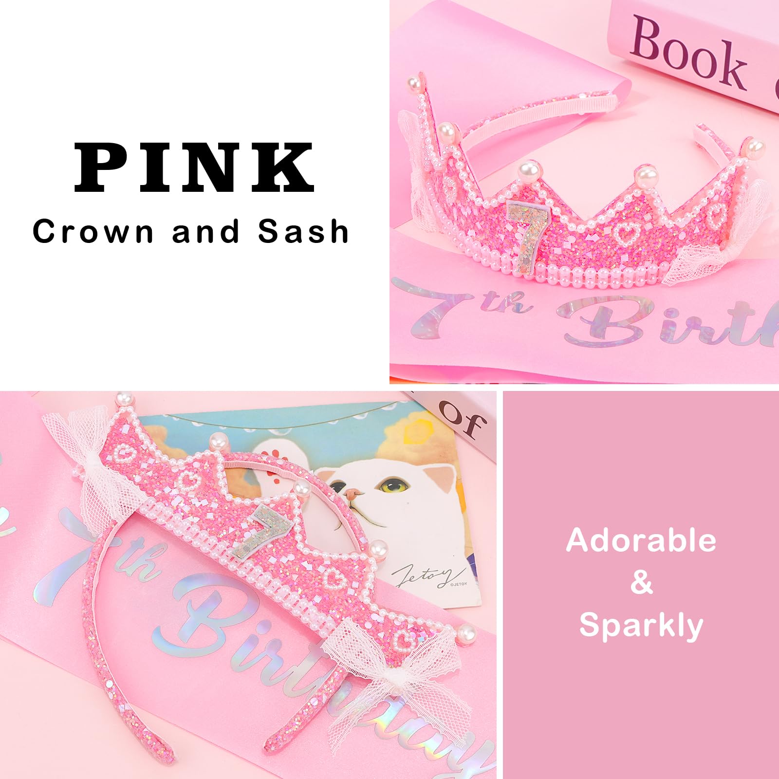 Chanaco 7 Year Old Girl Birthday Gifts 7th Birthday Crown and Sash Decorations Pink Bow Outfit for Party Favor Princess Tiara He