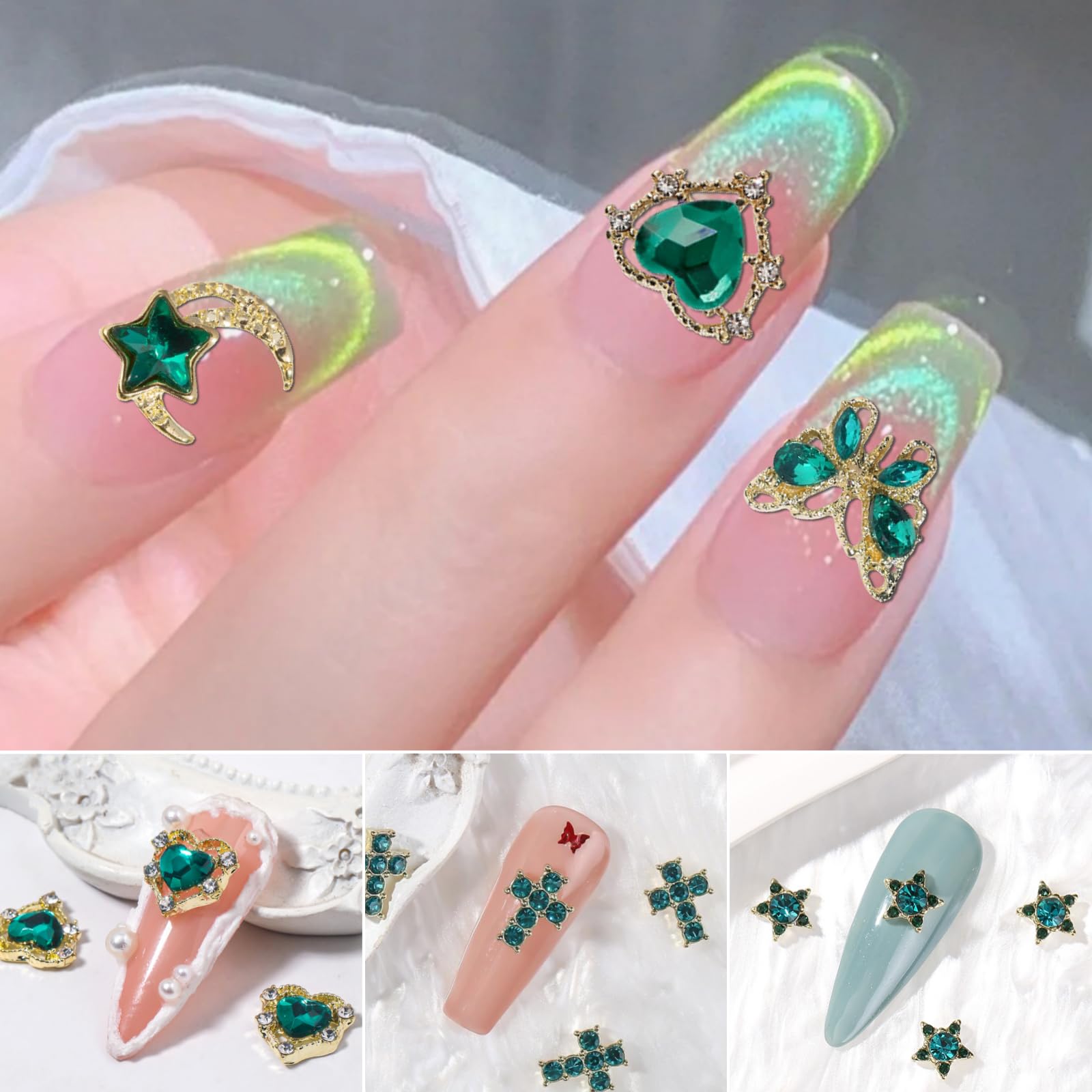 Edittime Metal Alloy Nail Charms Rhinestones Kit 3D Gold Silver Stars Butterfly Heart Rose Flower Nail Gems Shiny Crystal Rhines