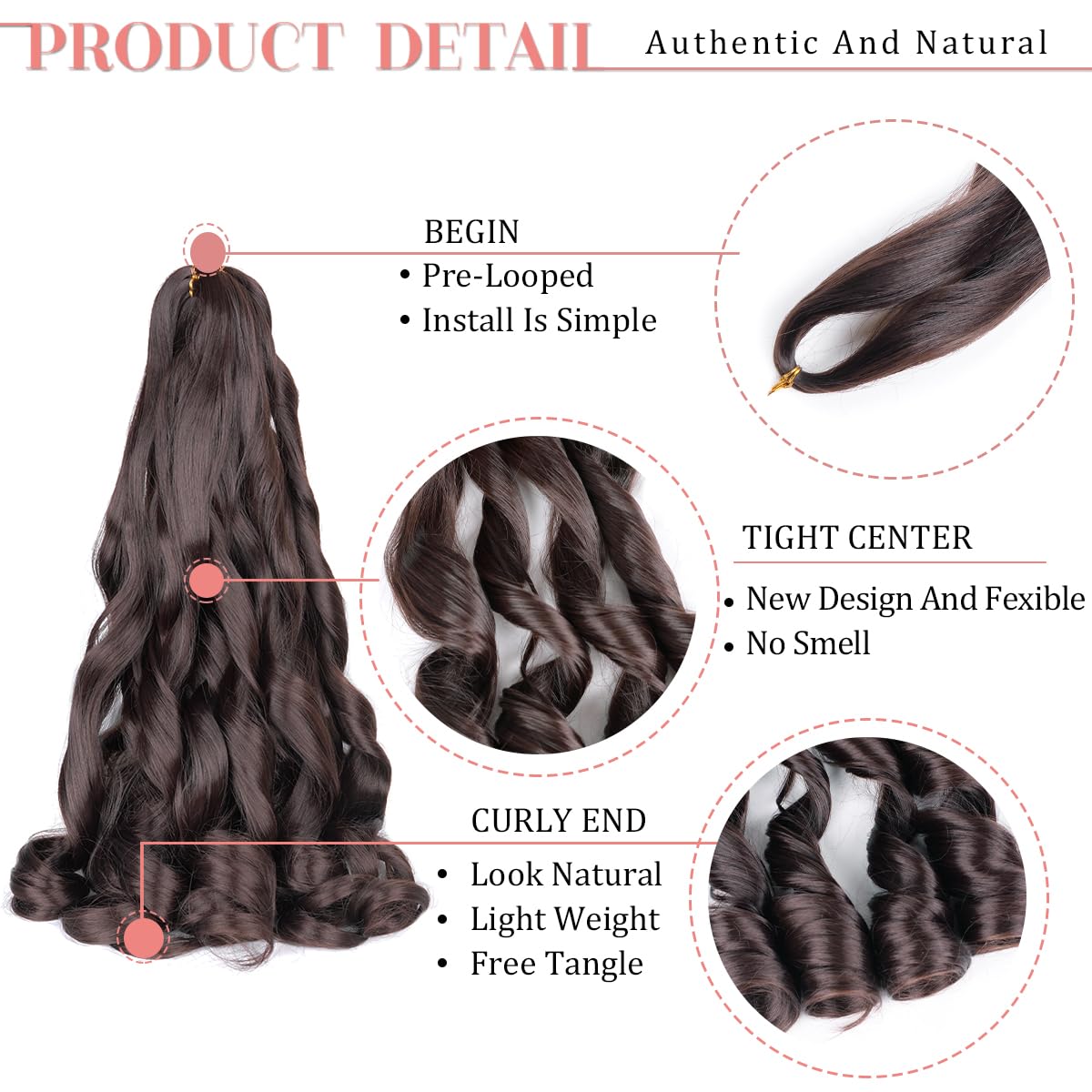 French Curl Braiding Hair 24 Inch 2 Packs #4 Brown Synthetic Loose Wave Bouncy Crochet Hair Pre Stretched 75G/Pack Curly Braidin