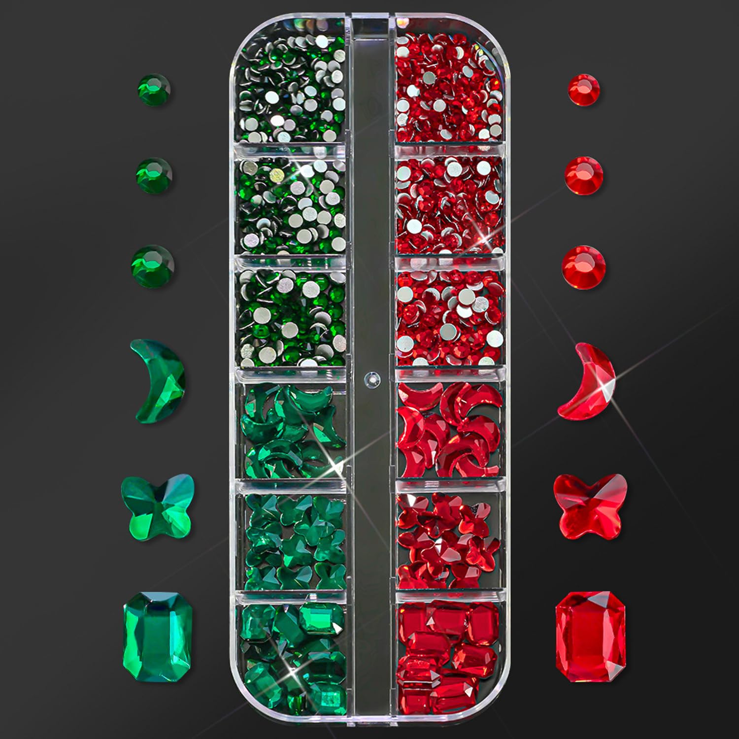 Red Nail Art Rhinestone Green Crystal Resin Rhinestone 3D Mixed Nail Charms Flatback Gems Acrylic Nail Supplies for Women Manicu