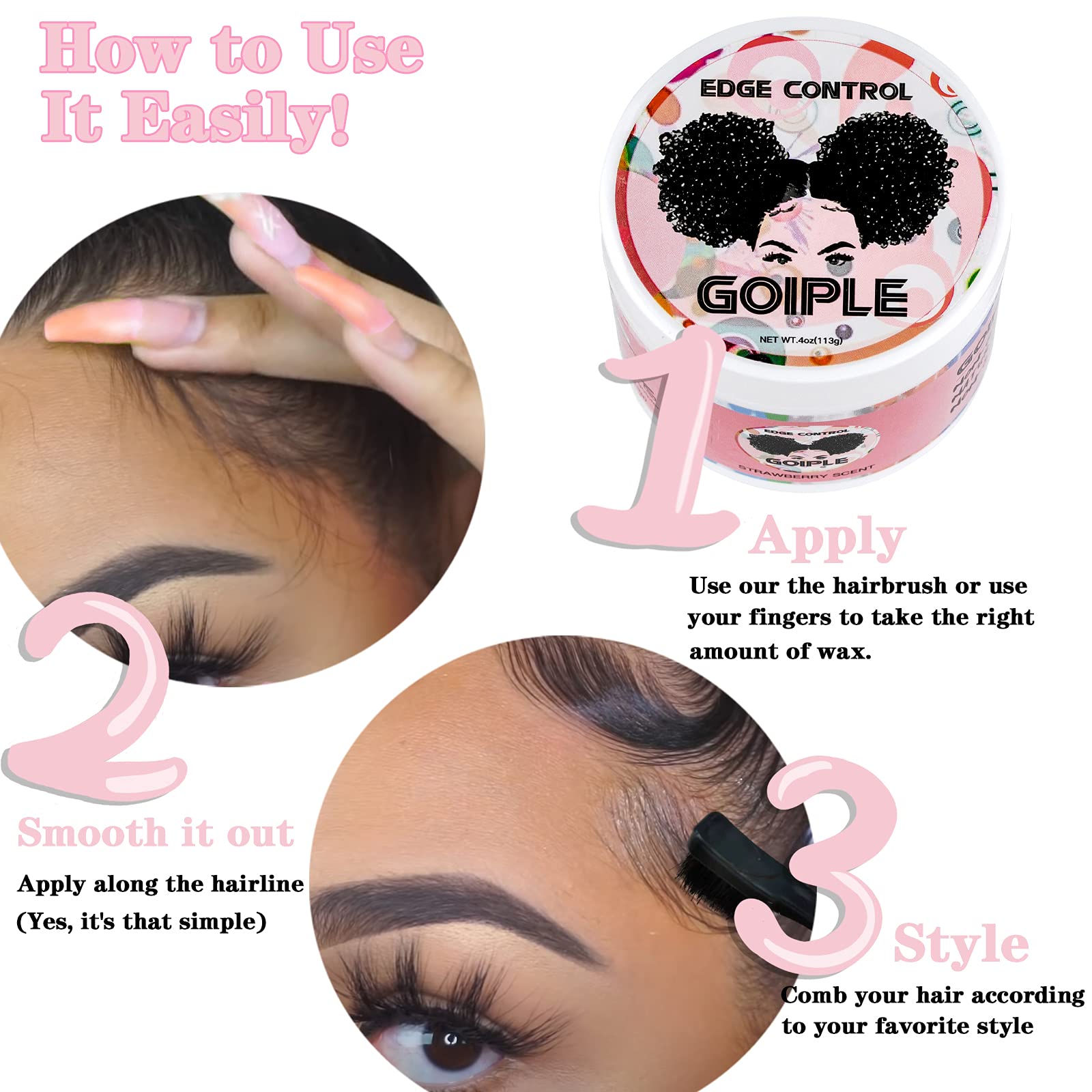 Goiple Edge Control Wax For Women Strong Hold Non-Greasy Edge Smoother Strawberry Scent (4Oz Edge Control + 0.7Oz Travel Szie Ed