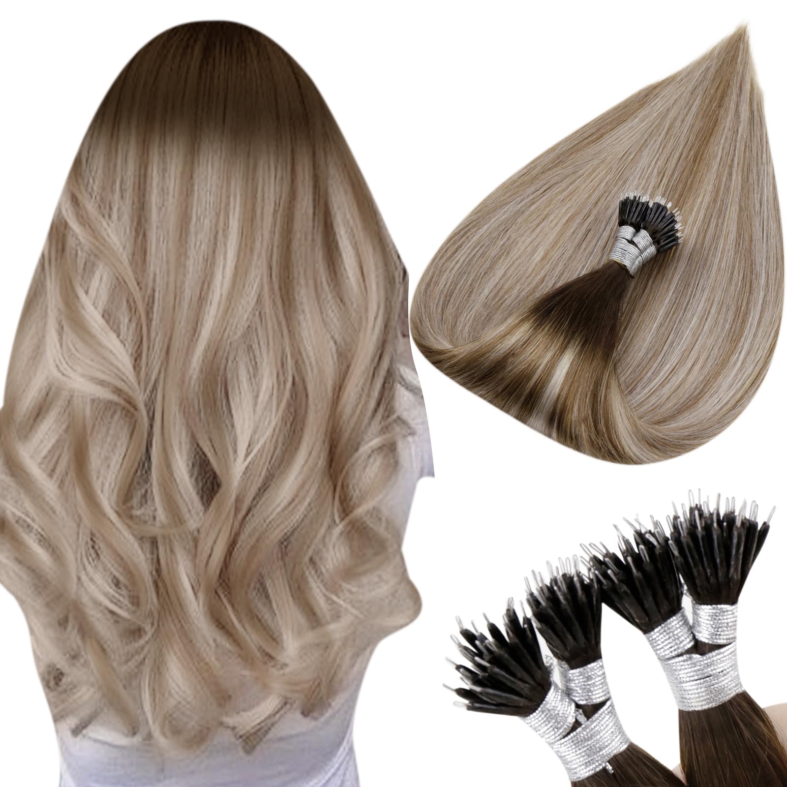 Hetto Nano Hair Extensions Human Hair Brown Nano Bead Hair Extensions Darker Brown to Light Brown with Medium Blonde Nano Link H