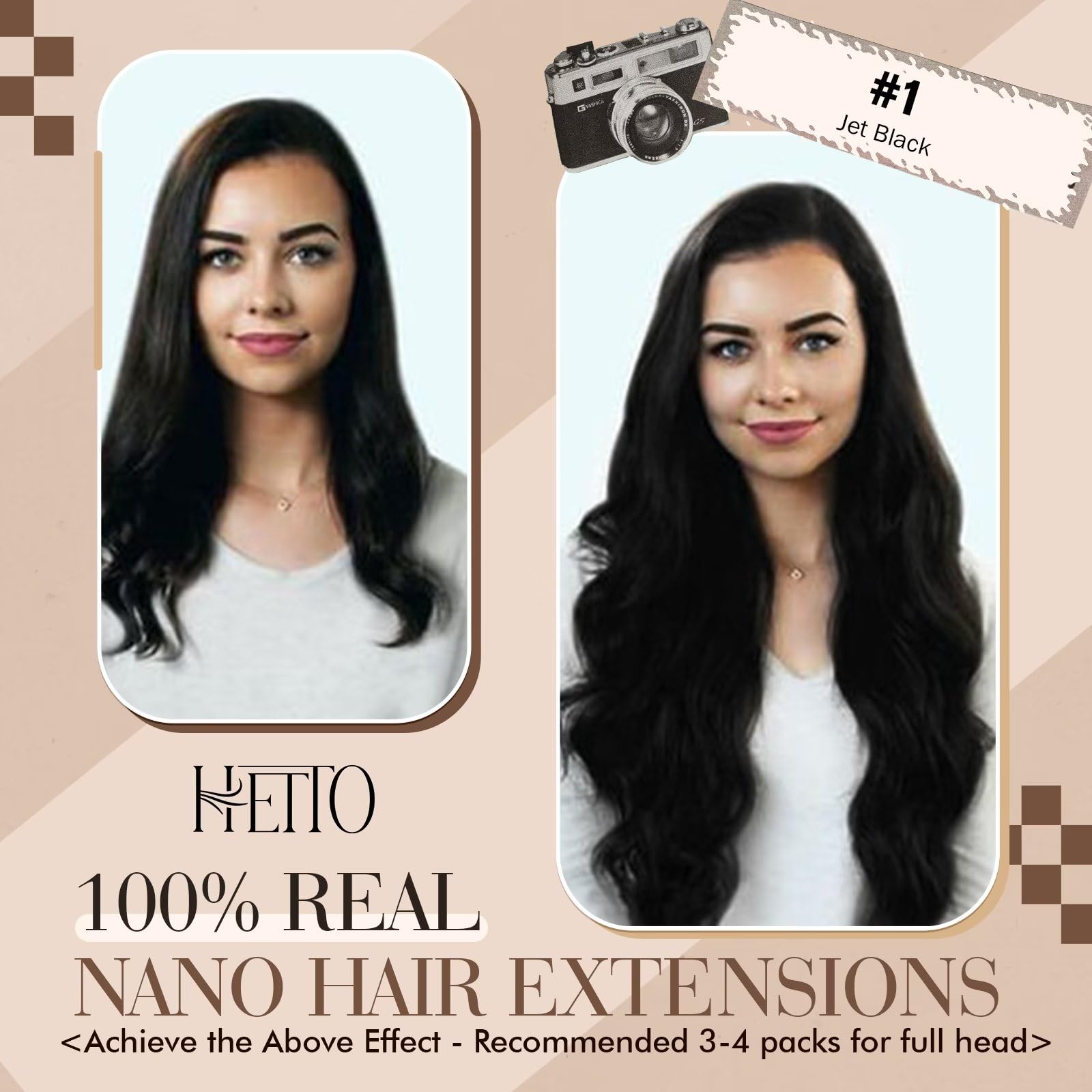 Hetto Nano Bead Hair Extensions Human Hair Nano Tip Extensions Real Human Hair #1 Jet Black Nano Ring Hair Extensions Natural In