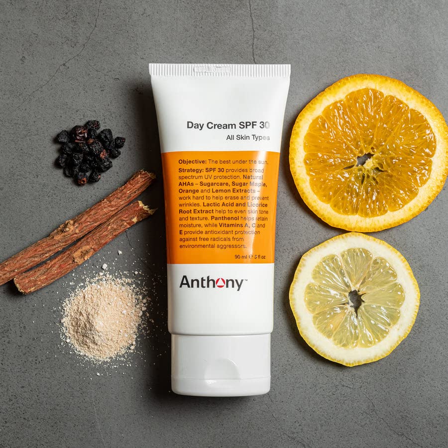 Anthony Day Cream Spf 30, 3 Fl Oz, Contains Squalane, Glycerin, Soy And Vitamin E, Hydrates, Nourishes, And Sunscreen Provides B