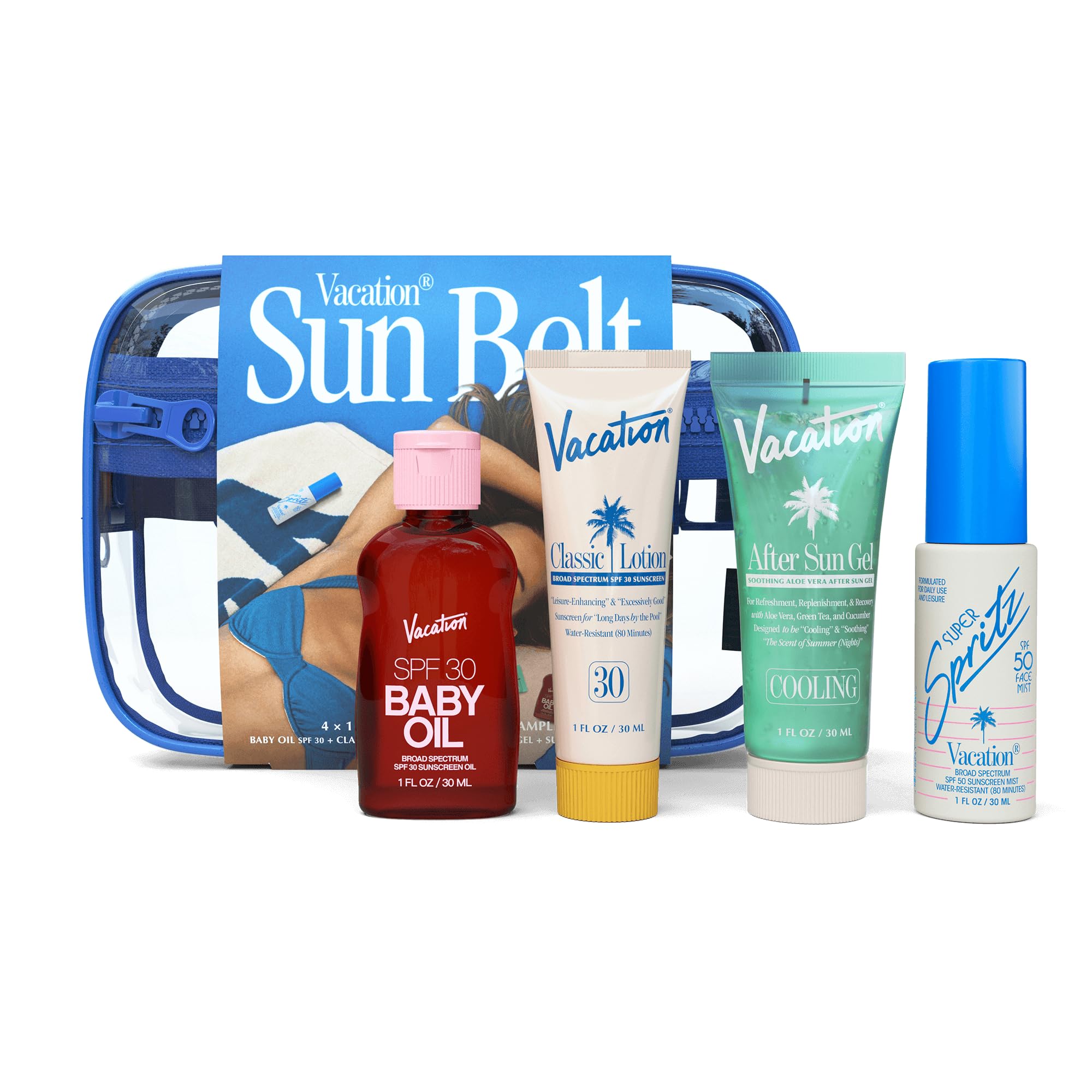 Vacation Sun Belt Sampler Bag, Includes Mini Baby Oil Spf 30 (1 Fl Oz), Super Spritz Spf 50 Face Mist (1 Fl Oz), Classic Lotion