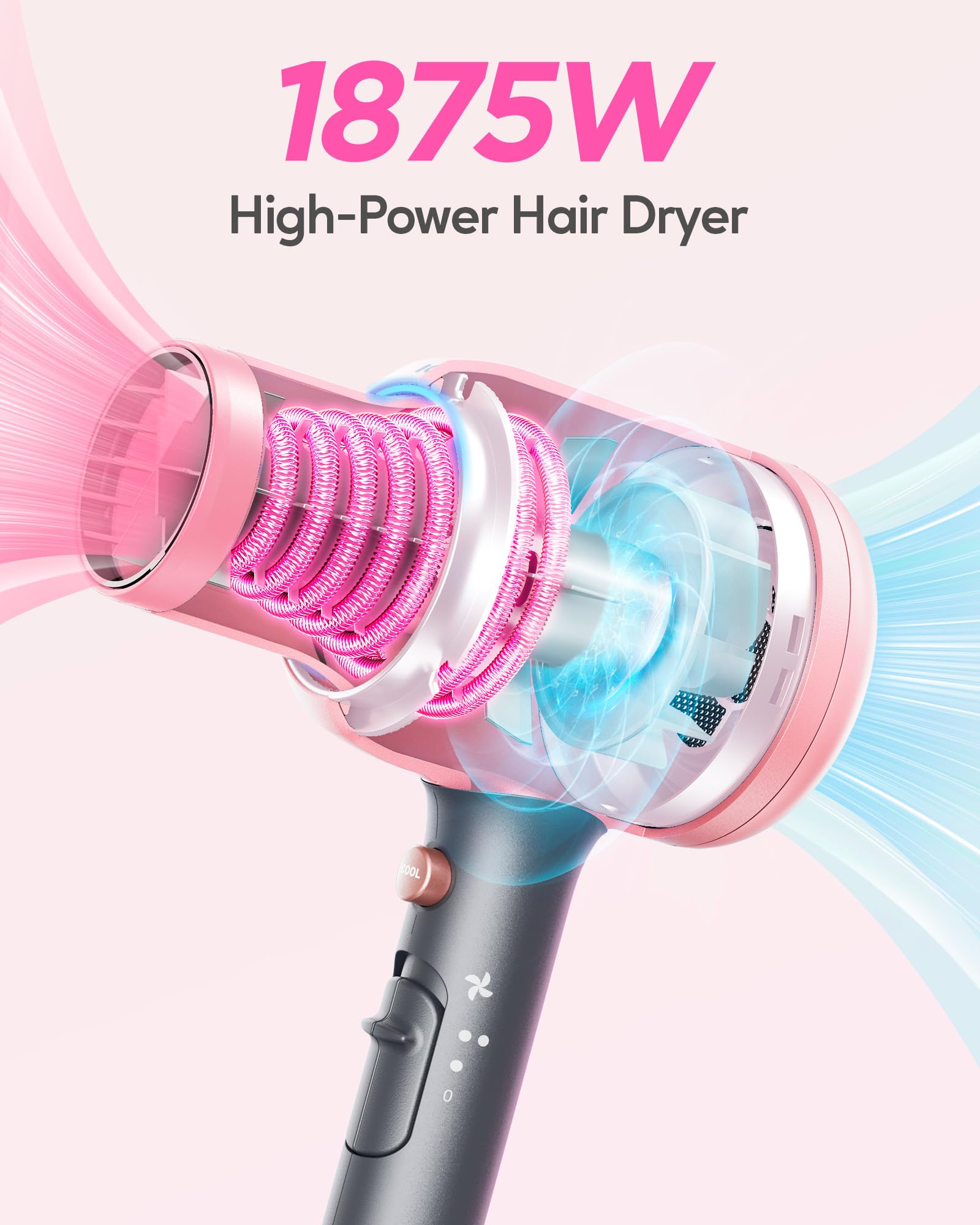 Wavytalk Ionic Hair Dryer Blow Dryer with Diffuser & Comb for Curly Hair Professional 1875W High Power Dryer with Ceramic Techno