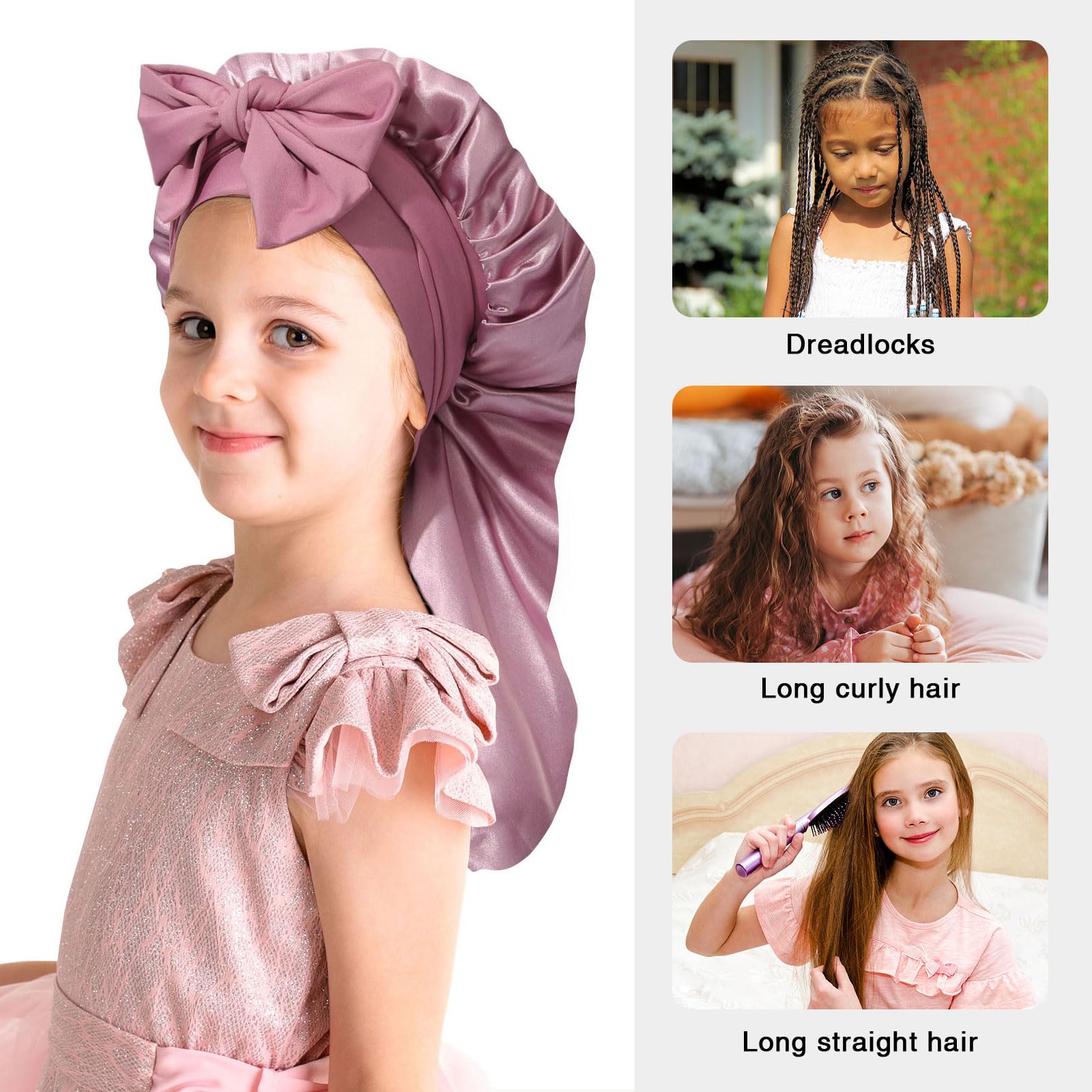 Kids Long Hair Bonnet For Sleeping - Double Layer Girls Elastic Satin Bonnet With Tie Band For Braid Curly Hair (Rose Gold+Pink)