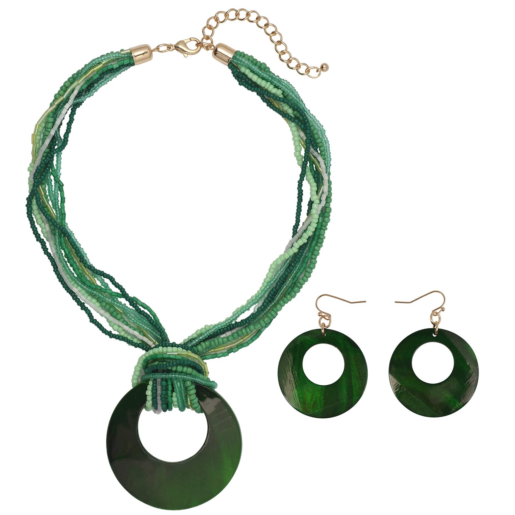 Coiris Multi Strand Statement Colorful Beaded Necklace Earrings Set with Big Circle Shell Pendant for Women (N0055-Dark Green)