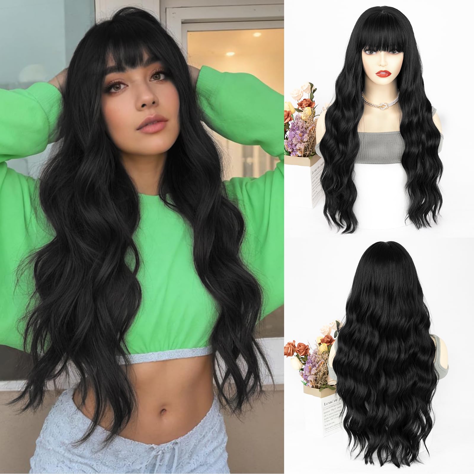 ENTRANCED STYLES Black Wig with Bangs Long Black Wigs for Women Long Curly Wavy Synthetic Wig Natural Looking Realistic Wigs for