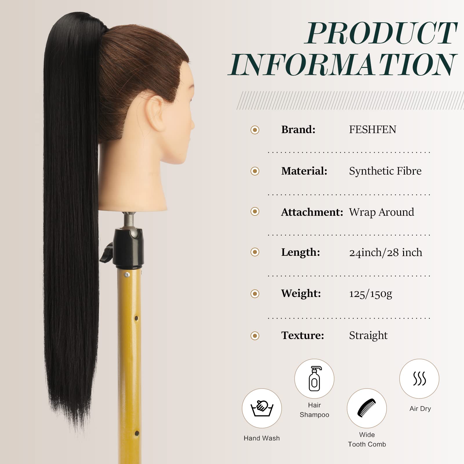 Feshfen Straight Long Ponytail Extensions 28 Inch Wrap Around Synthetic Natural Black Ponytails Hair Piece Pony Tail Hair Extens