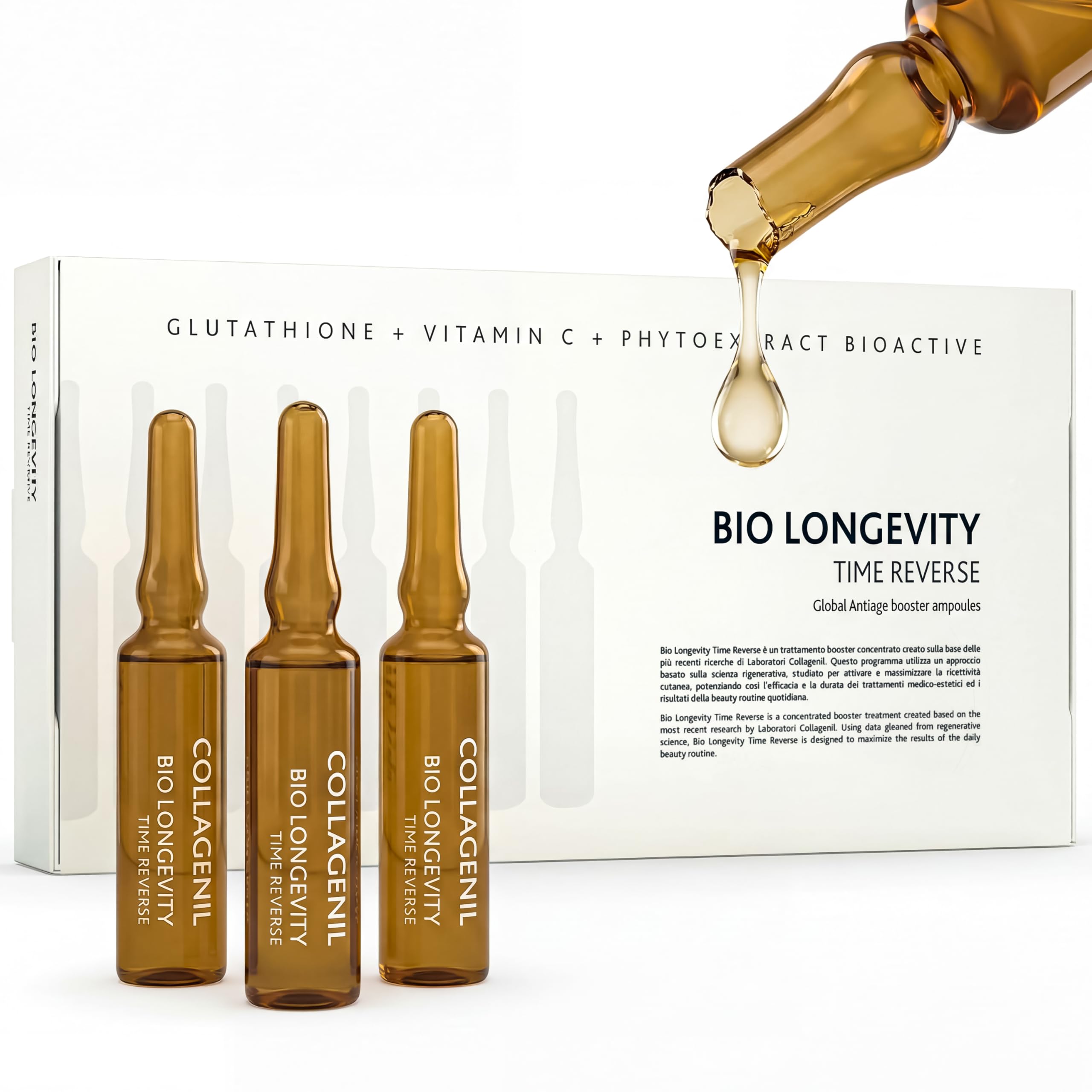 Laboratori Collagenil Bio Longevity Time Reverse AntiAging Serum, Vitamin C & Glutathione Complex, 8 Concentrated Ampoules, 0.0
