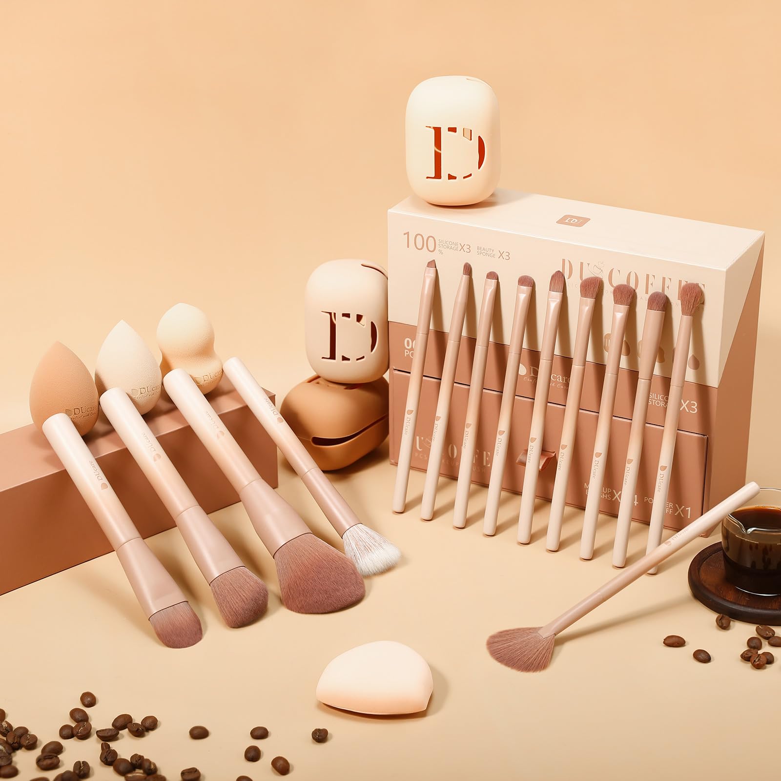 DUcare Makeup Brushes 14Pcs Coffee Series Makeup Brush set with Makeup Sponges Valentines Day Gifts Foundation Blending Face Pow