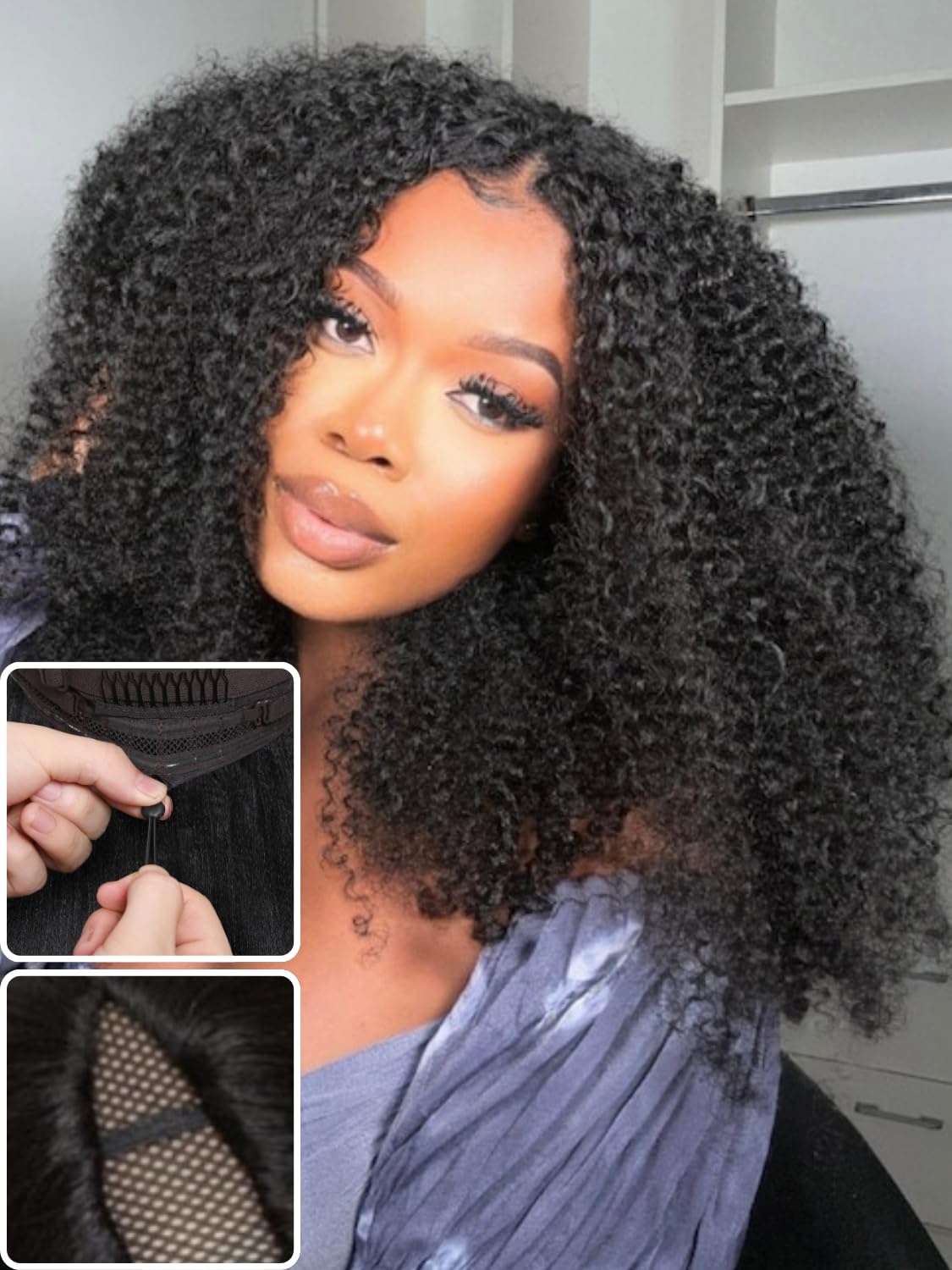 Nadula Easicontour V Part Kinky Curly Wigs Human Hair No Leave Out Clip In V-Part Wig,10A Glueless Upgrade U Part Human Hair Wig