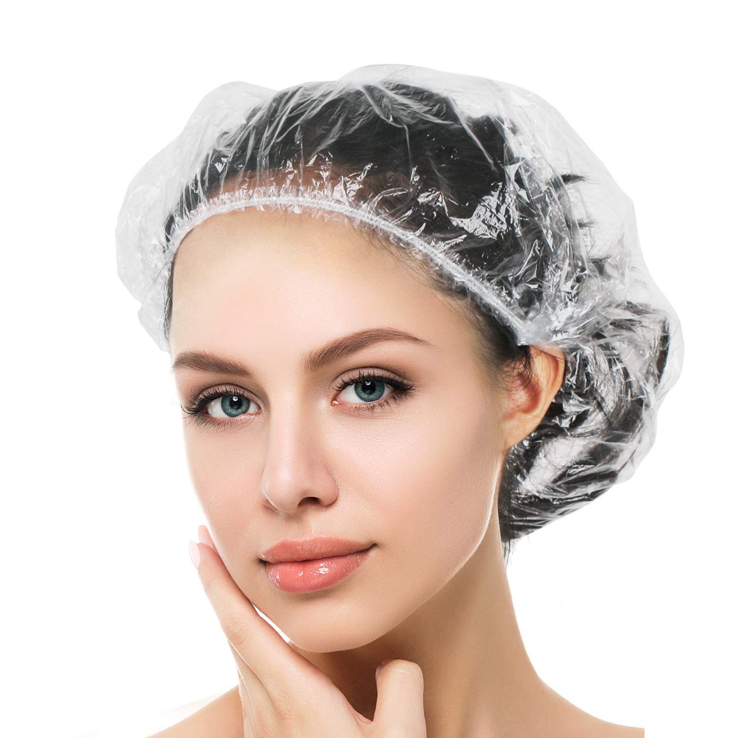 Auban 50 Pcs Shower Cap Disposable,Bath Caps Larger Thick Clear Waterproof Plastic Elastic Hair Bath Caps For Women Kids Girls,