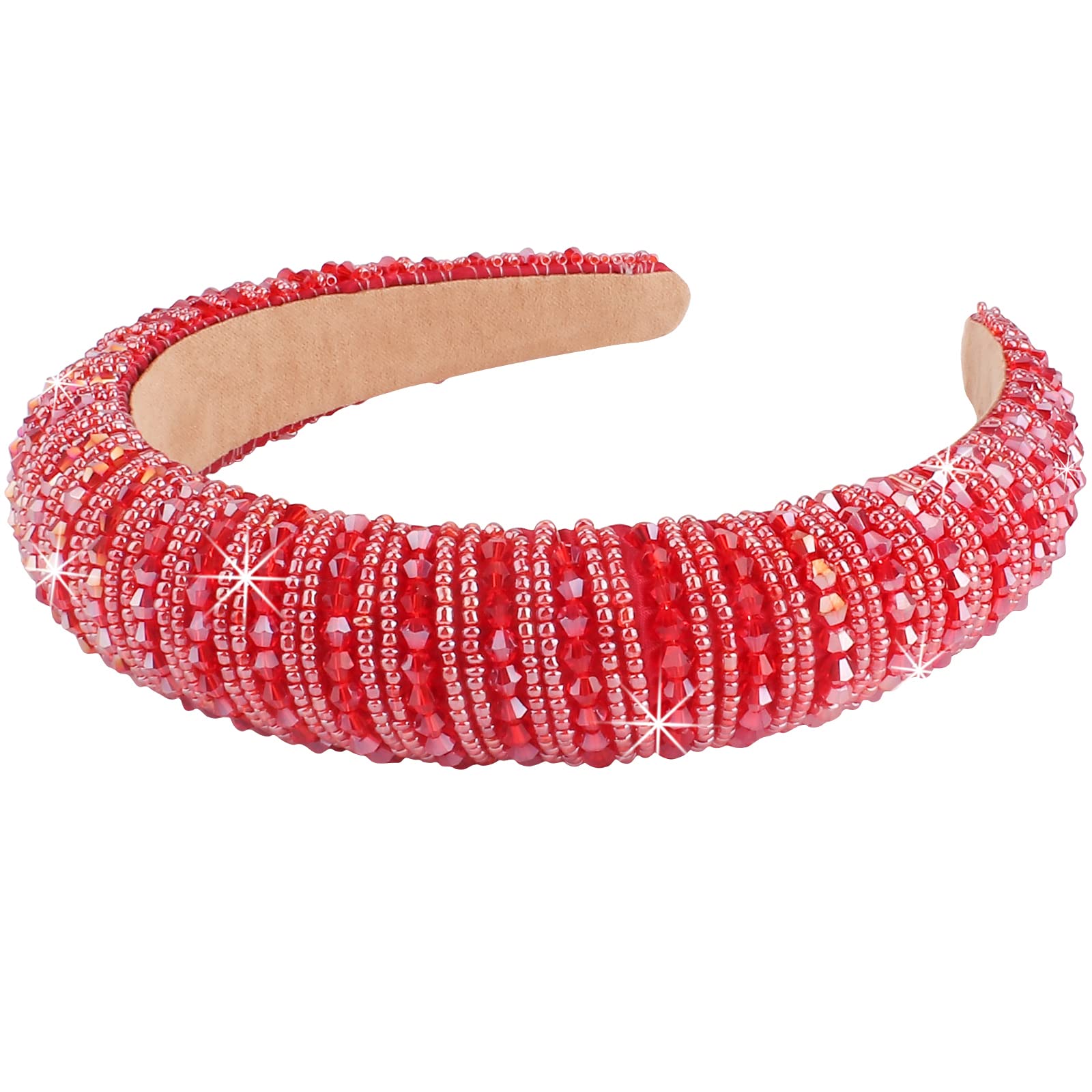 Wecoe Red Headband Women Rhinestone Headband Fashion Padded Headband Cute Fancy Bling Diamond Sparkle Crystal Beaded Headband Ho