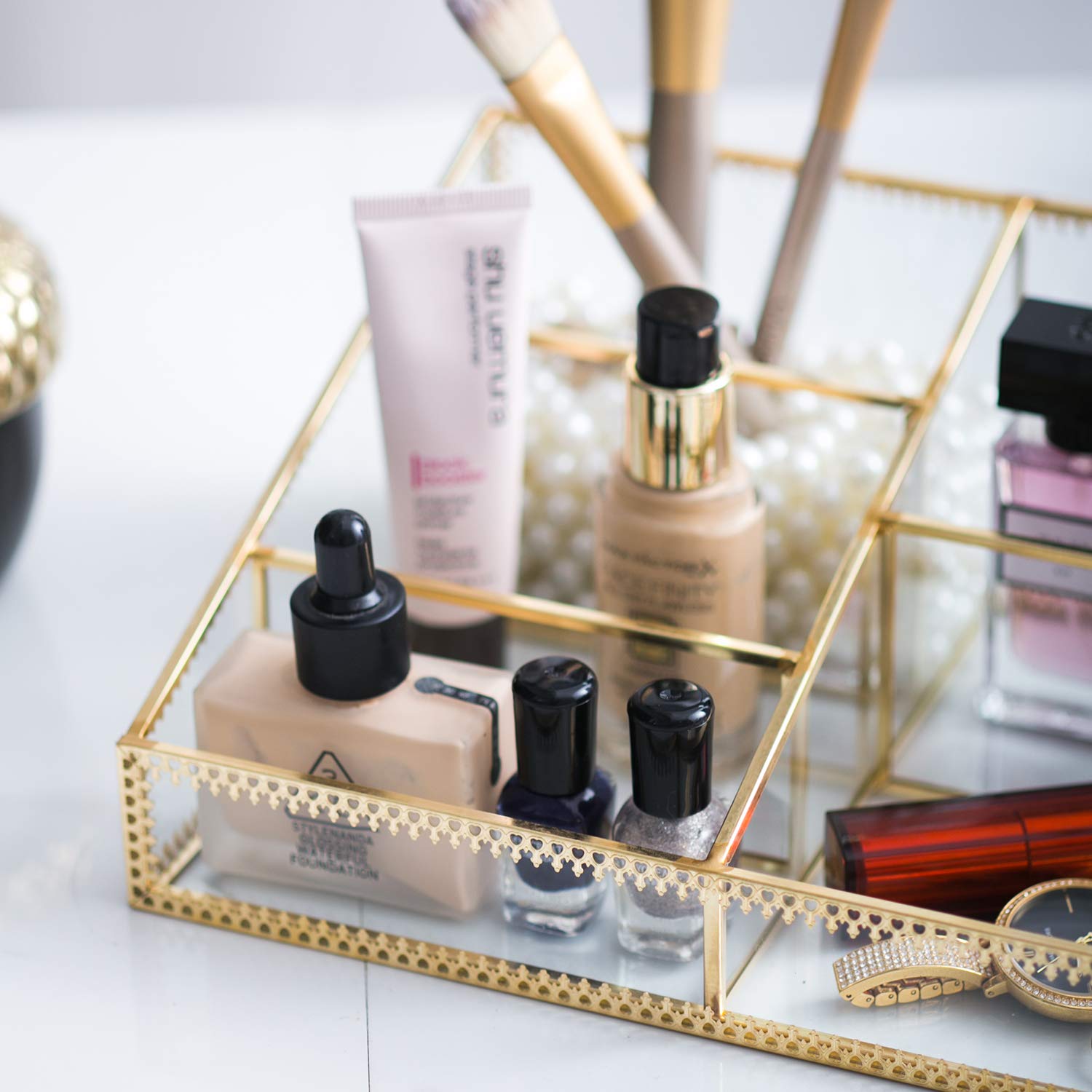 Makeup Organizer Antique Countertop Cosmetic Storage Box Glass Beauty Display, Gold Spin Large Capacity Holder for Brushes Lipst