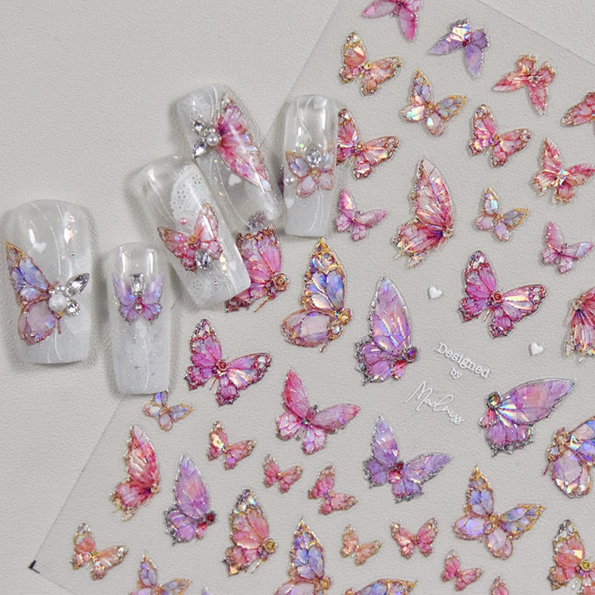 Butterfly Nail Art Stickers Decals Pink Butterfly 5D Embossed Nail Decals Shell Light Butterfly Nail Designs Adhesive Sticker Ma