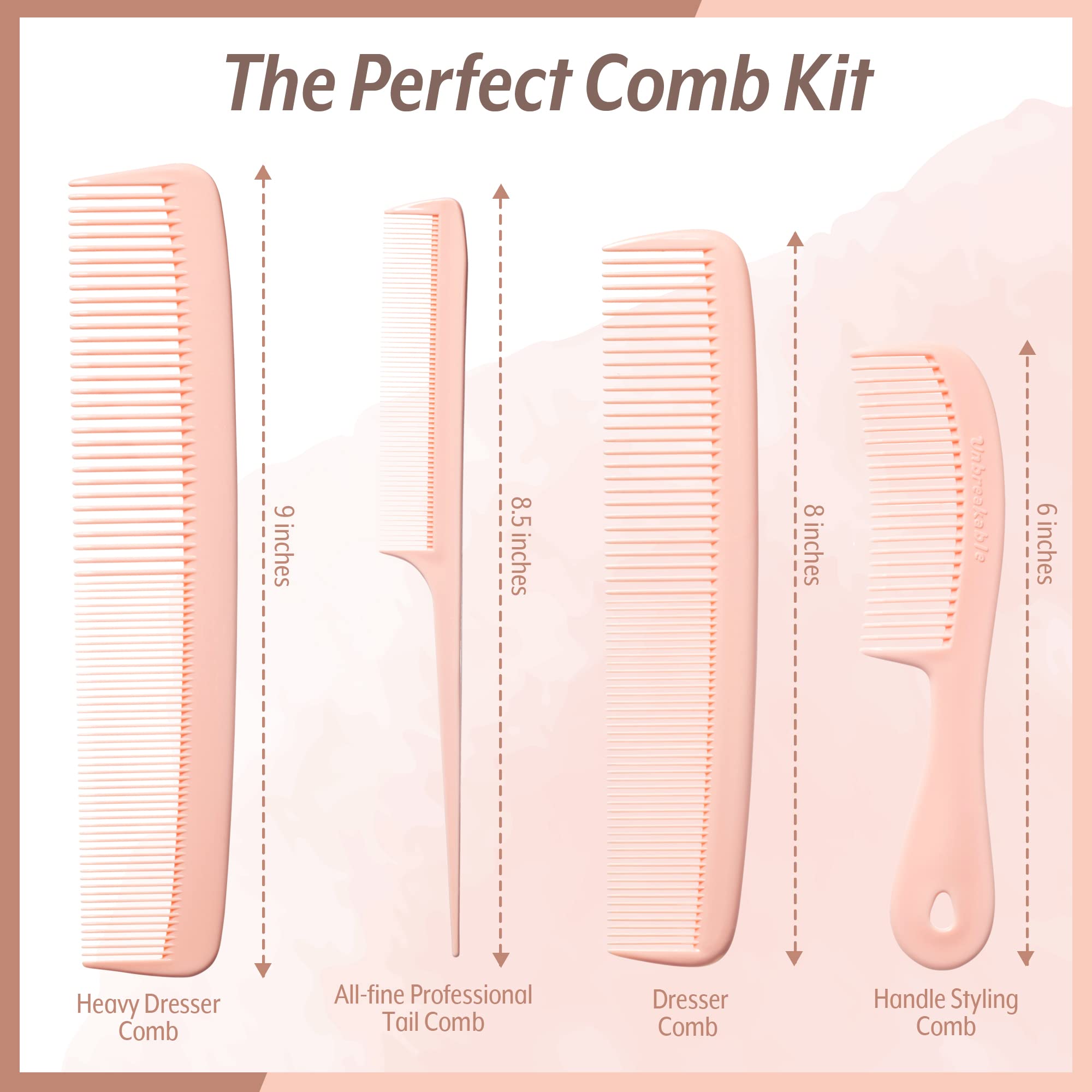 Mars Wellness 4 Piece Professional Comb Set Peach Pastel - USA MADE - Fine Pro Tail Combs, Dresser Hair Comb Styling Comb - Prem