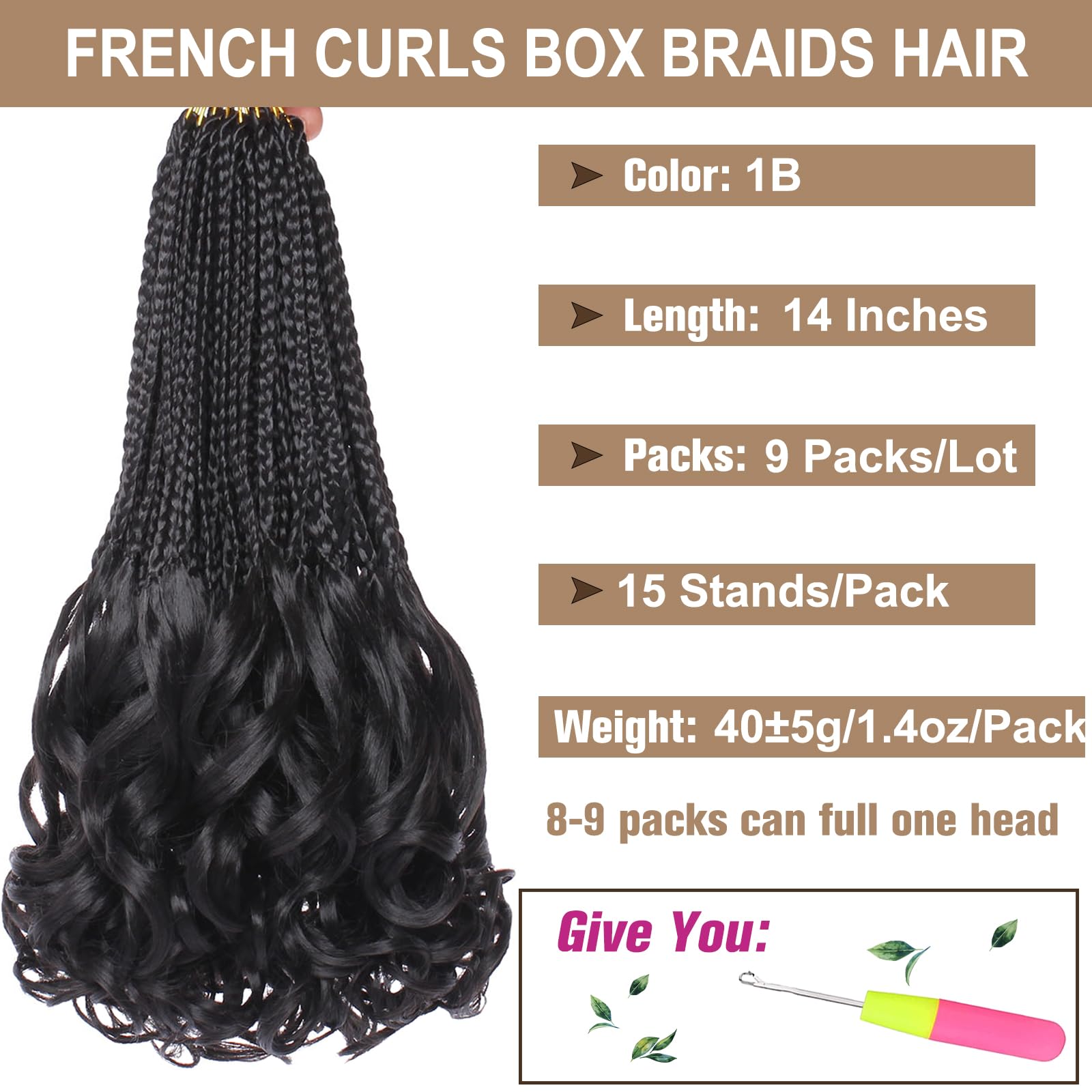 COOKOO 9 Packs French Curl Crochet Braids 14 Inch Natural Black Pre Looped French Curly Braiding Hair for Women Goddess Braids H