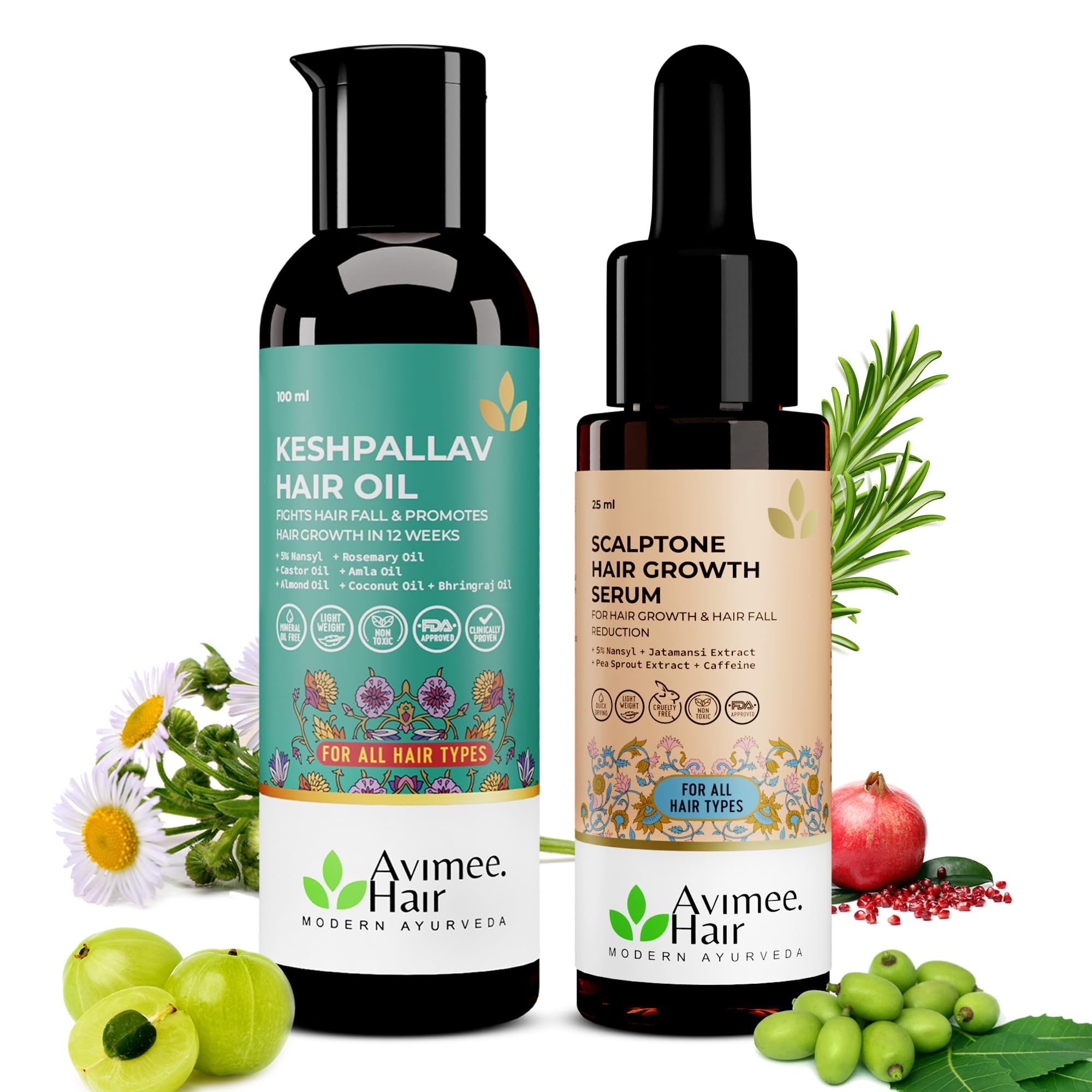 Avimee Herbal Hair Growth Super Saver Combo | Keshpallav Hair Oil (100 Ml) & Scalptone Hair Growth Serum (25Ml)