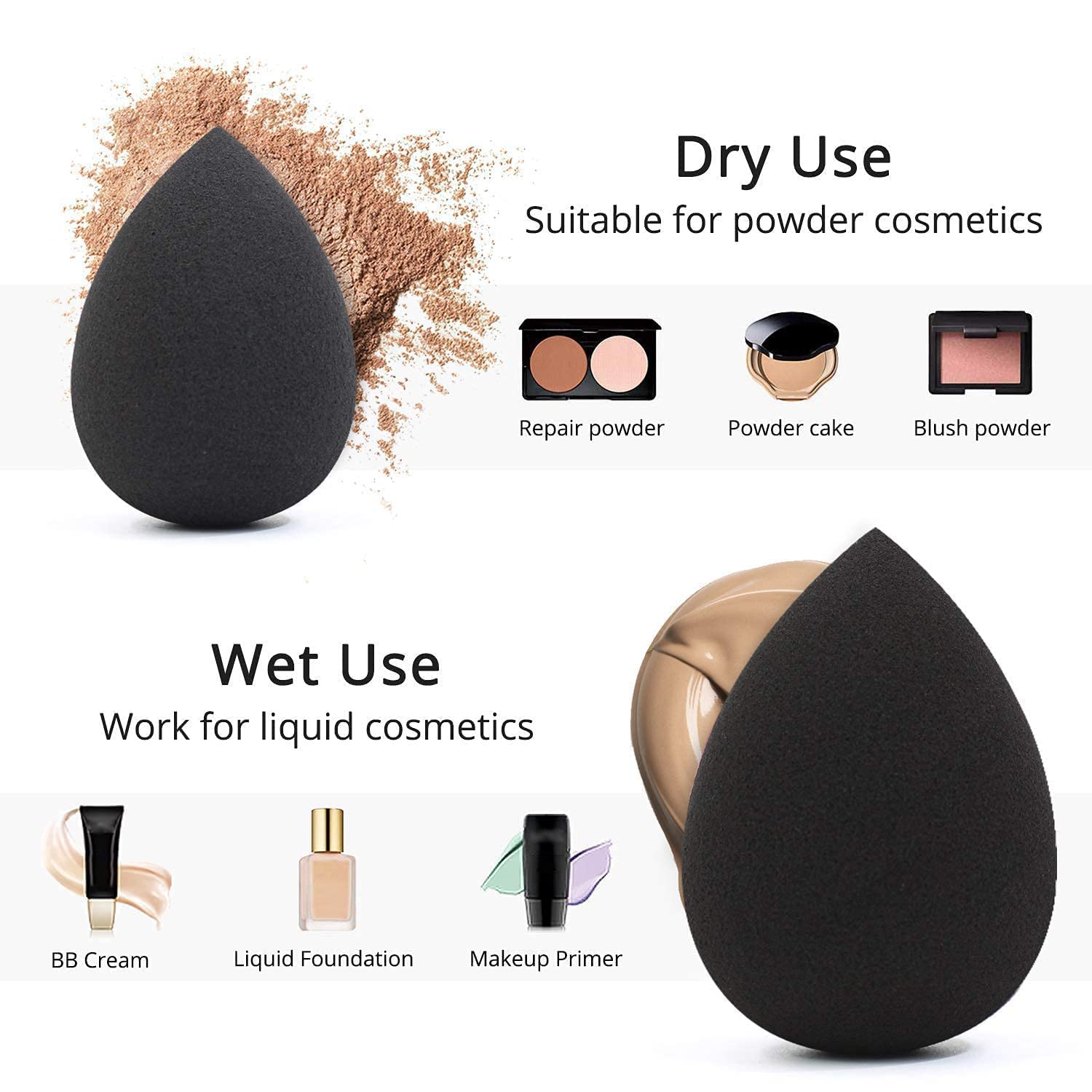 BEAKEY Makeup Sponge Set - 5 Pcs Blending Sponges, Latex Free, Vegan, Black, Model FM-0359