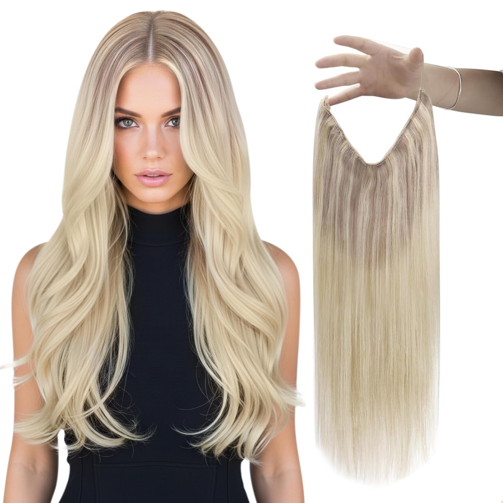 Sunny Wire Hair Extensions Real Human Hair Fish Line Human Hair Extensions Invisible Wire Extensions Ash Blonde to Platinum Blon