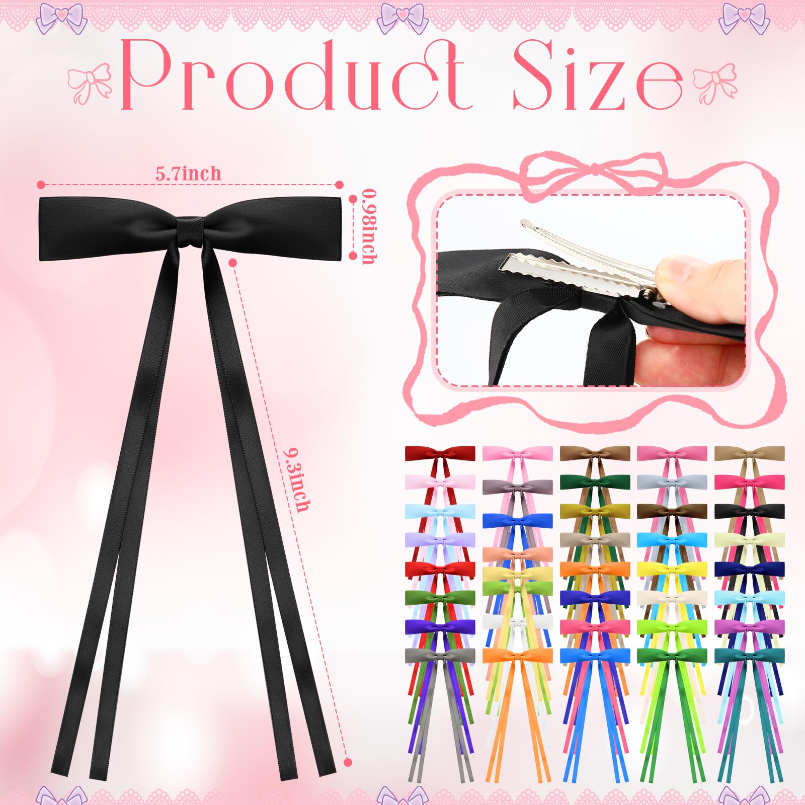 Mimorou 40 Pcs Bow Hair Clips Bulk Multicolor Bow Barrettes Set Hair Accessories with Long Tail Ribbon Bowknot Barrettes Clips a