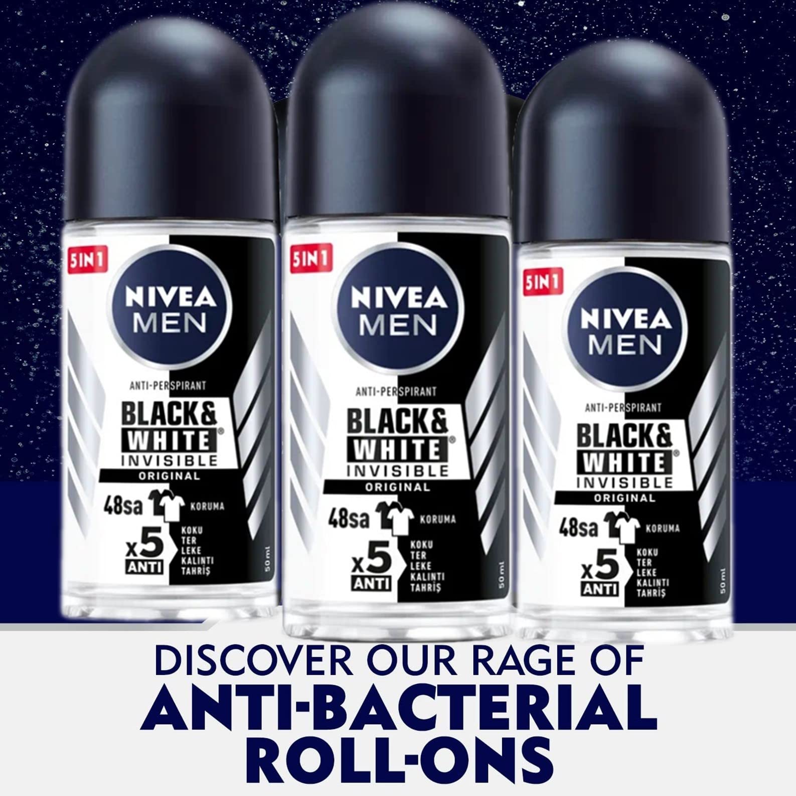 Nivea 48H Deodorant Roll-On Roll On Invisible For Black&White Anti Perspirant 50Ml (Original Pack Of 3) 1.7 Fl Oz