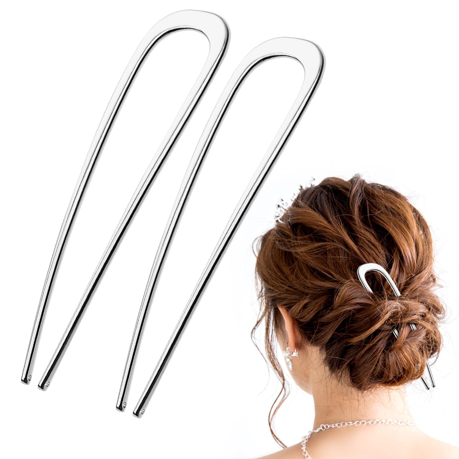 French Hair Pins, Lusofie 2Pcs Metal 2 Prong Hair Fork Large U-Shaped Hair Pins for Women(5.51x 1.38inch, Silver)