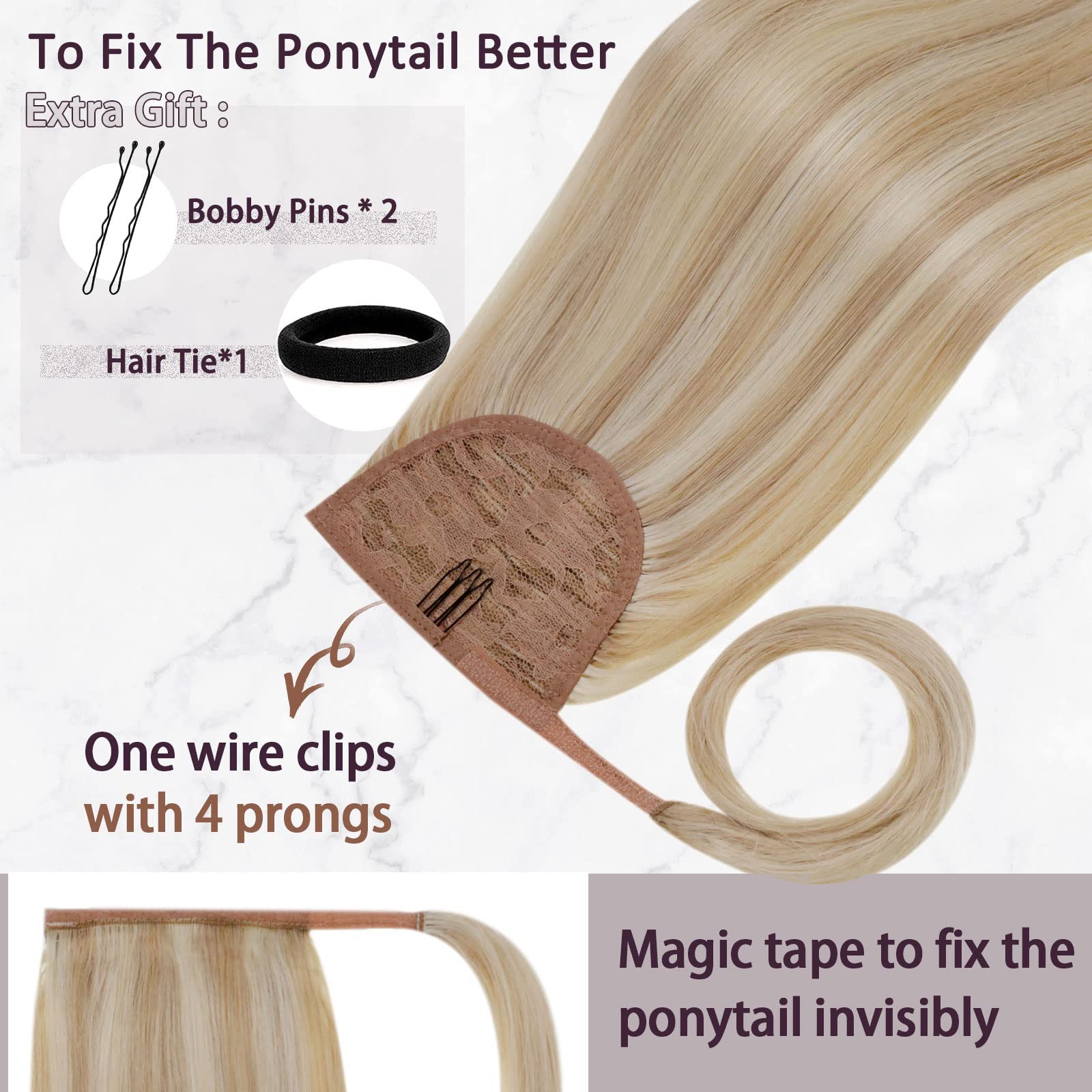 Runature 16 Inch Ponytail Extension Human Hair Ash Blonde With Platinum Blonde Human Hair Ponytail With Clip Full Ends Long Real