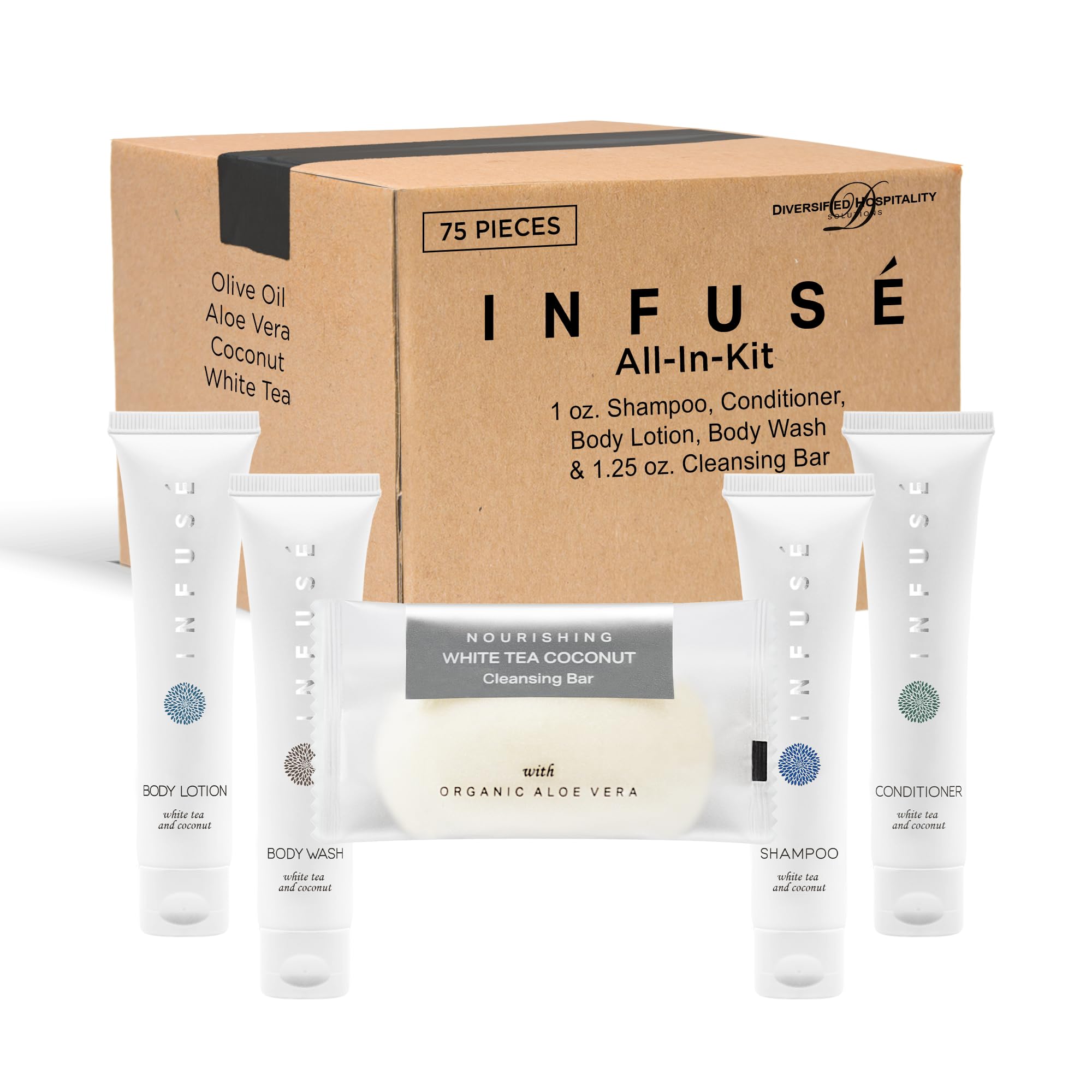 Infuse Pure White Tea And Coconut All-In-Kit Hotel Soaps And Toiletries Bulk Set | 1Oz Shampoo & Conditioner, Body Wash, Lotion