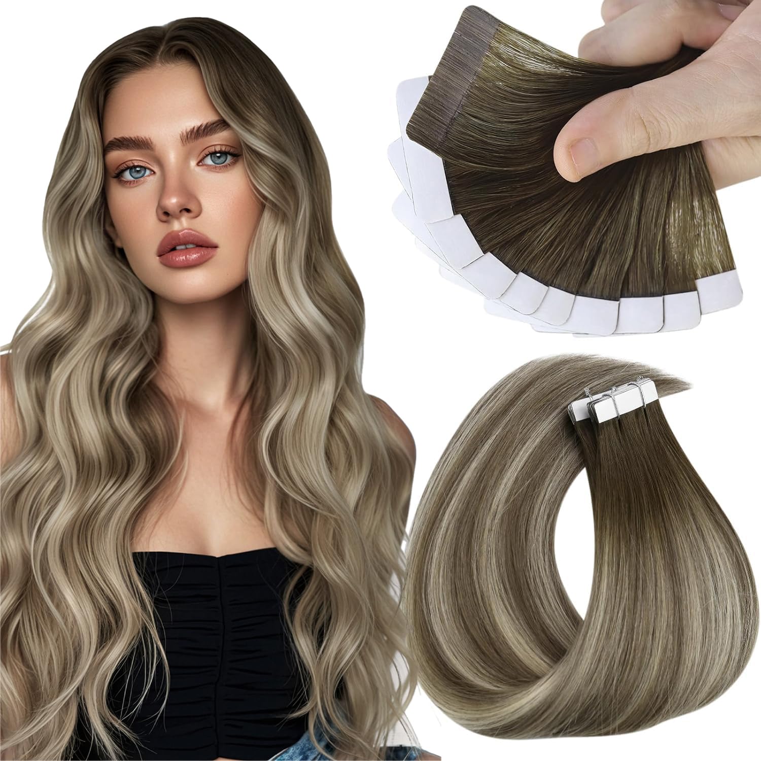 Sunny Hair Tape in Hair Extensions Real Human Hair Invisible Remy Hair Extensions Tape ins for Women Cool Brown Ombre Light Brow