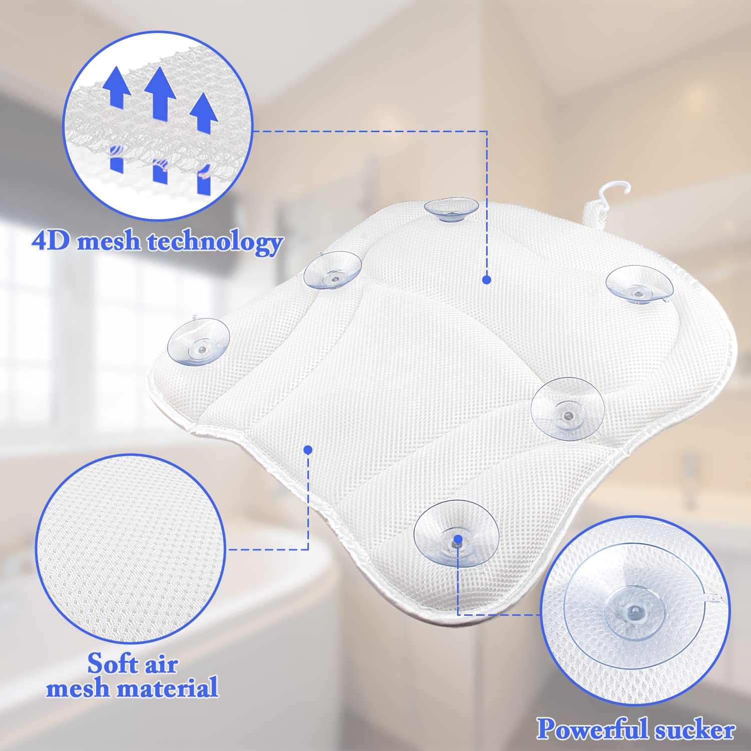 Caycoin Bath Pillow For Tub Comfort Bathtub Pillow, Ergonomic Bath Pillows For Tub Neck And Back Support With 6 Suction Cups, Ul