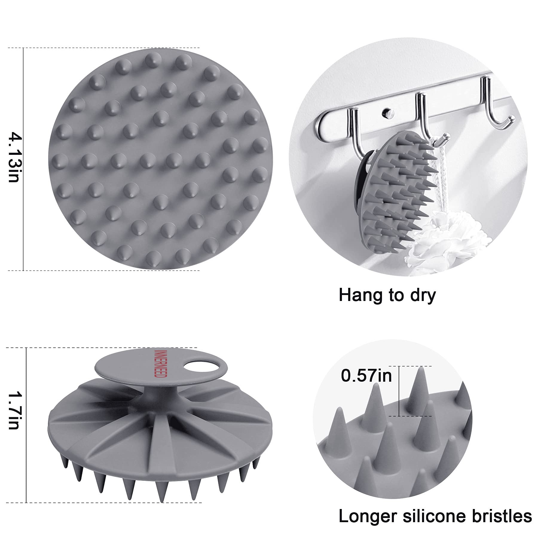 Innerneed One-Piece Scalp Massager Shampoo Brush, Wet & Dry Scalp Care Head Scrubber Hair Washing, Soft Silicone Bristles, For H