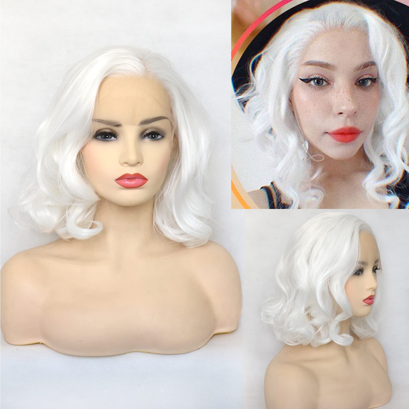 BLUPLE White Lace Front Wig Short Wavy Bob Style Platinum White 1001# Loose Wave Curly Synthetic Hair Side Part Half Hand Tied R