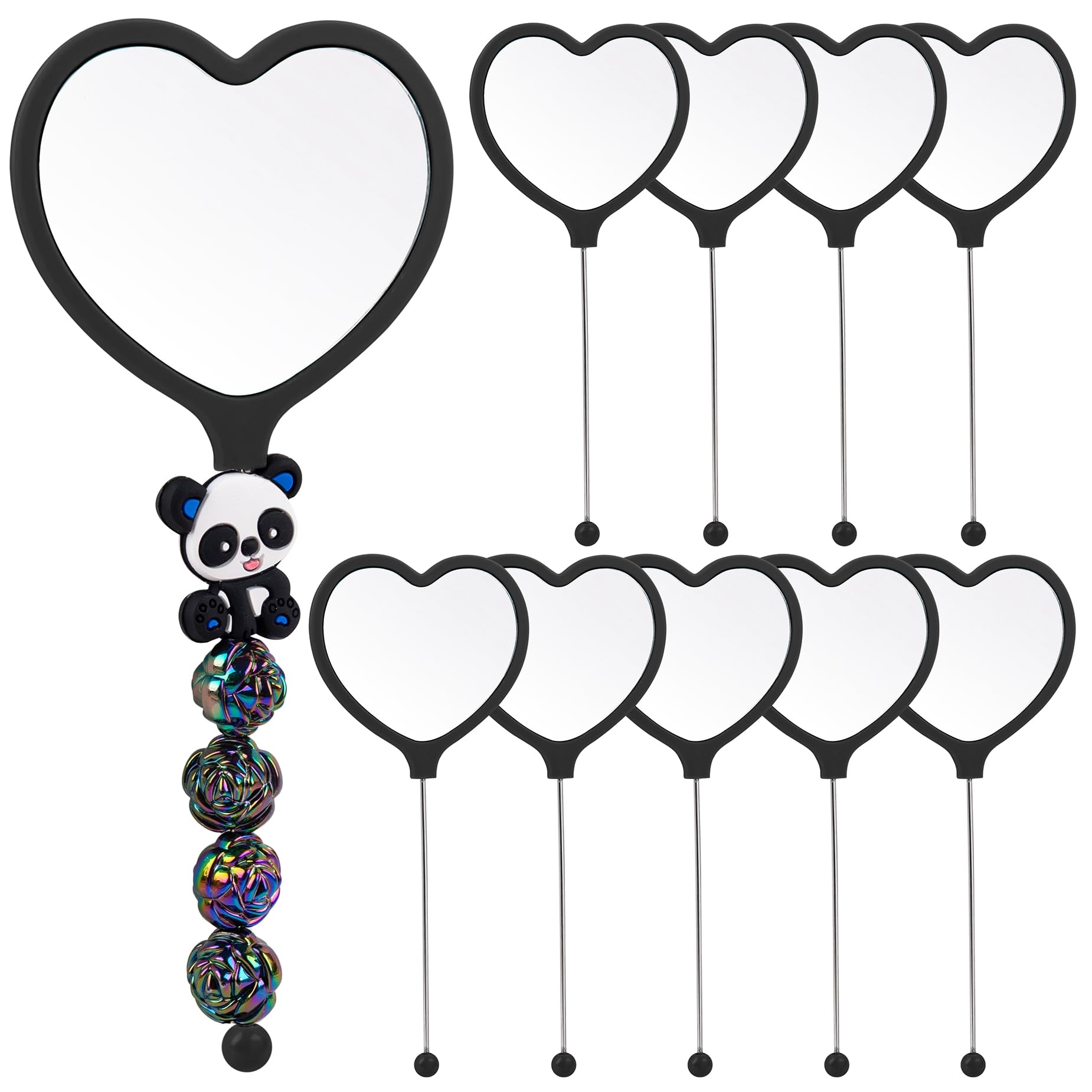 Framendino, 10 Pack Beadable Heart Travel Makeup Mirrors with Blank Bar Handheld for DIY Jewelry Making Black